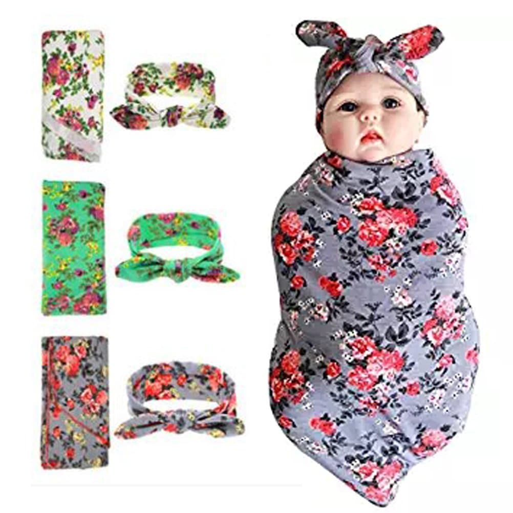 Newborn Swaddle Blanket Headband with Bow Set Baby Receiving Blankets (A Floral 3 Packs)