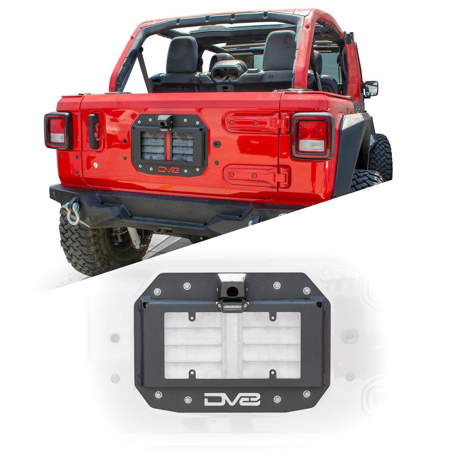 DV8 Offroad Spare Tire Delete Kit for 2018-2022 Wrangler JL | Back-up Camera Housing & License Plate Relocation Bracket with Light Included | Black Powder Coat Finish