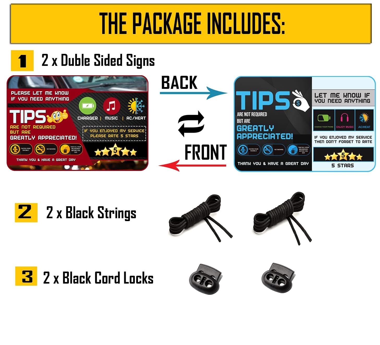 Five Star Accessories Rider-Share Sign for Driver - 5 Stars Tips Taxi Rating Appreciated Ride-Share Signs - Large 9x6 (Pack of 2)