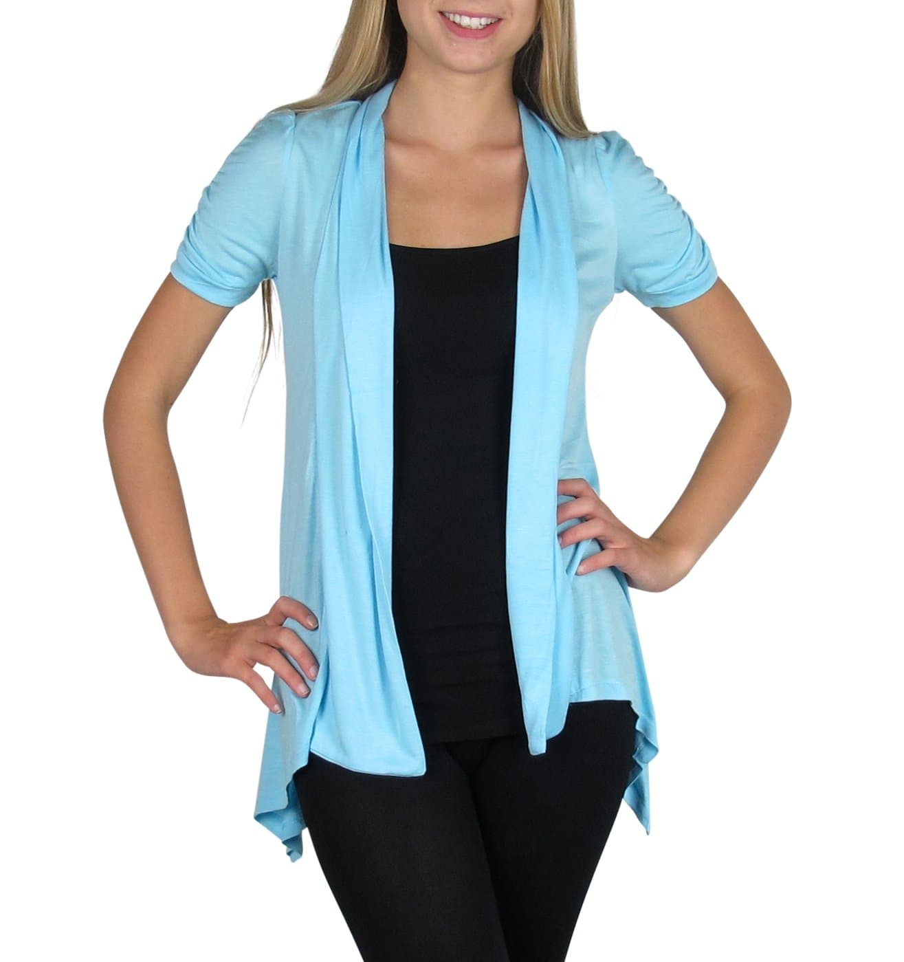 Women's Short Sleeve Open Flyaway Cardigan Sweater (Small, Aqua)