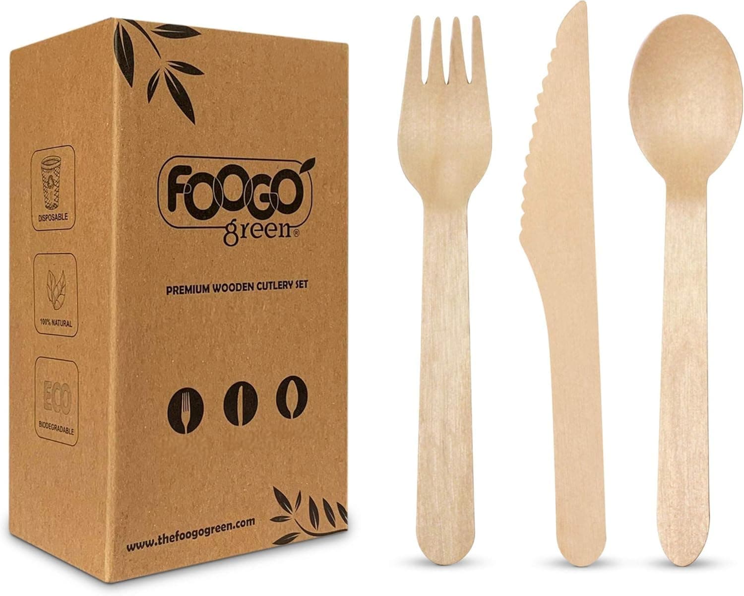 FOOGO Green 75pcs Disposable Wooden Cutlery Set, FSC® Certified, 25x Forks 25x Spoons 25x Knives, 16cm, Biodegradable Compostable, Eco Friendly, Party Picnic, Like Bamboo