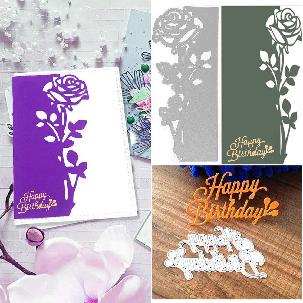 TuoShei 4.6x1.8 inch Rose and Happy Birthday Words 2019 New Die Cuts Metal Cutting Die Craft Die for Scrapbooking Card Making