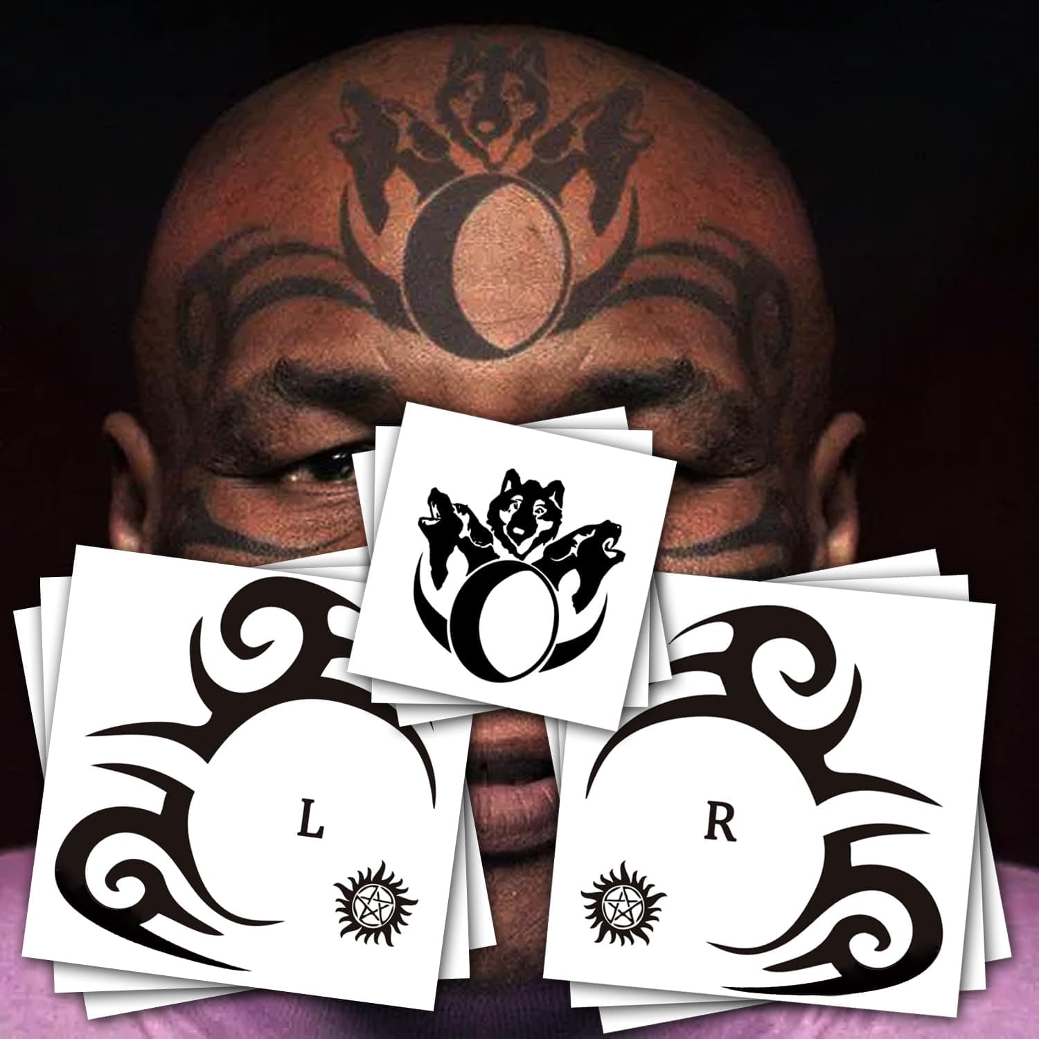 9-Sheet Temporary Face Tattoos - Waterproof Halloween Tattoo Stickers for Men & Women - Black Left/Right/Mid Face Designs - Fake Body Art for Parties