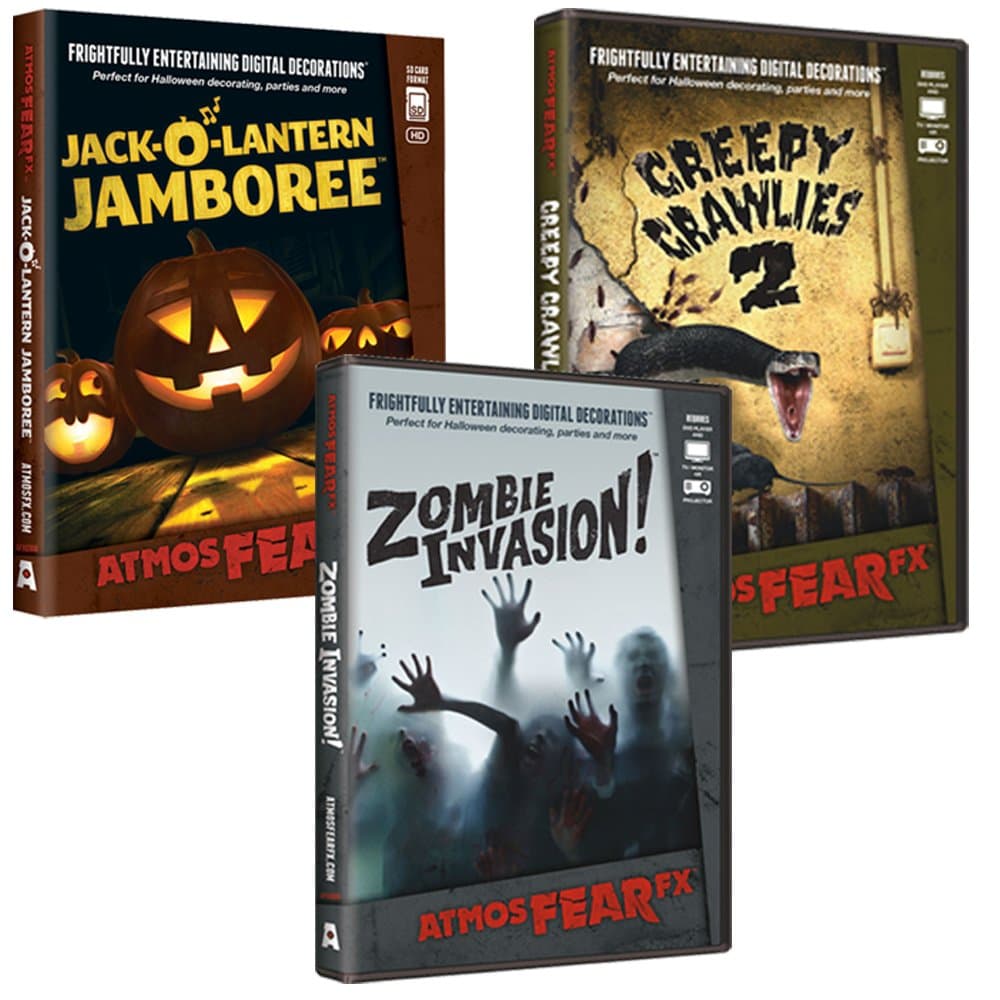 AtmosFearFX Zombie Invasion, Jack O Lantern Jamboree & Creepy Crawlies DVD Combo Pack. Virtual Halloween Window Projection Decoration.