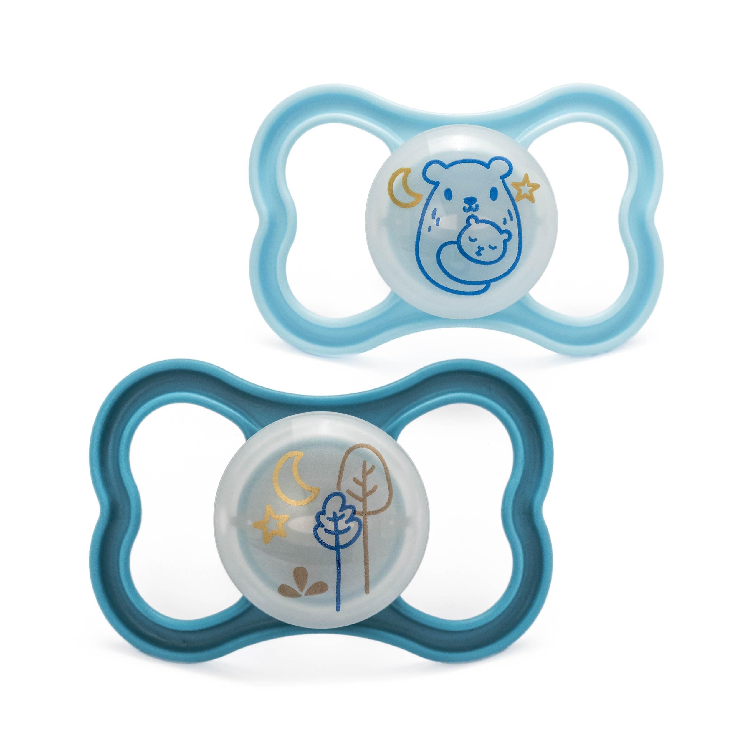 Air Night Soothers | 18-36 Months | 2 Pack | Glow in The Dark Dummies | Comes in Dummy Steriliser Case | Sustainable Materials | Baby Accessories | Blue (Various Designs)