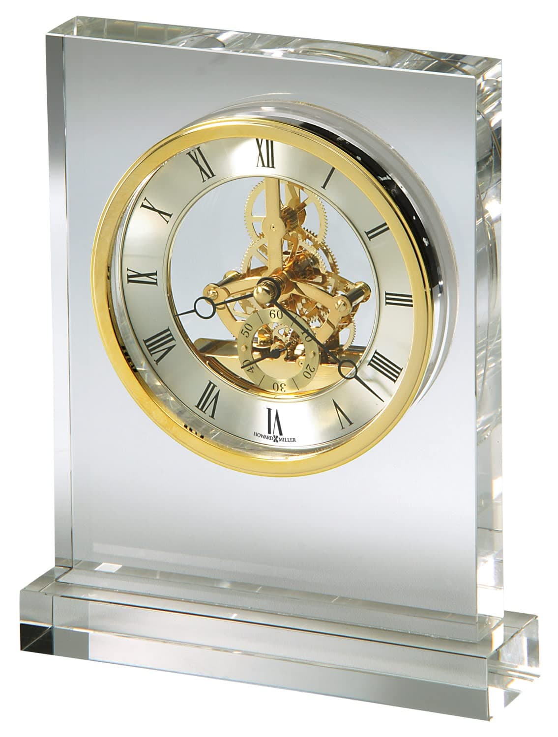 Howard Miller Prestige Table Clock 645-682 ? Optical Crystal, Polished Brass-Finished Numeral Ring, Non-Lead Glass Base & Case, Modern Home Dcor, Quartz Movement