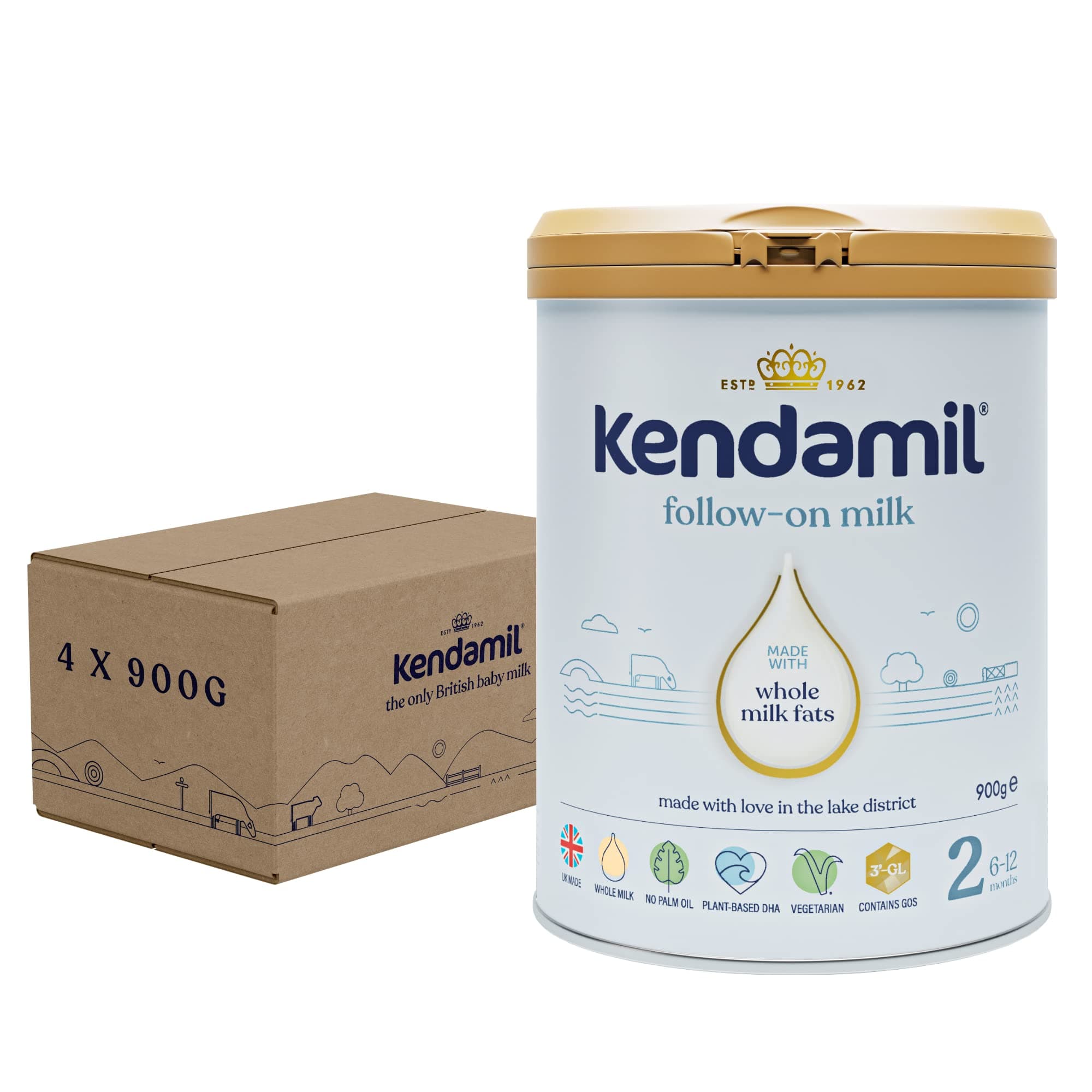 (4x900g) Kendamil Follow-On Milk 4-Pack, Stage 2, 6-12 Months – British Made, Whole Milk Formula – Vegetarian, No Palm Oil, No GMOs – with Omega 3 DHA, Omega 6 ARA and Prebiotics