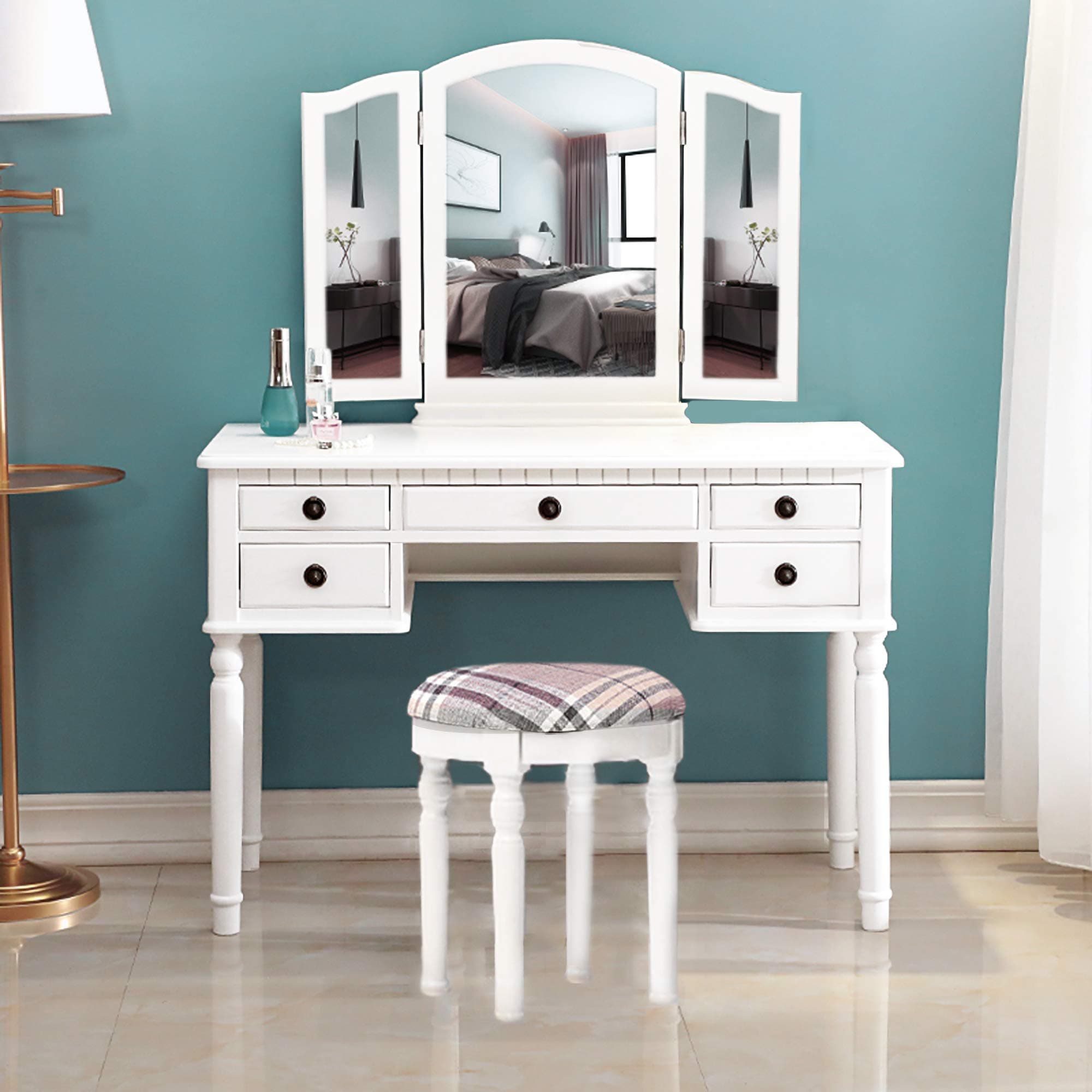 JOYBASE Vanity Set, Makeup Vanity Table with Tri-Folding Mirror, Drawer and Cushioned Stool, Vanity Beauty Station, Makeup Dressing Table Set (White)