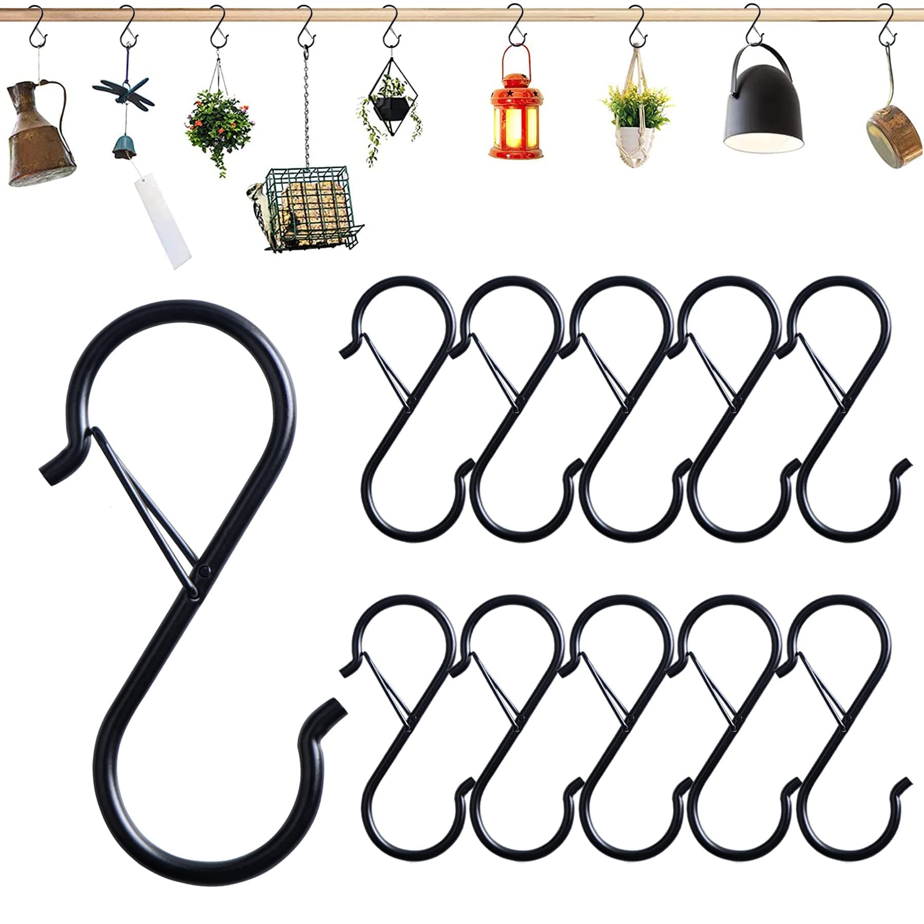 10 Pack S Hooks - Heavy Duty Metal Hooks with Safety Buckle Design for Hanging Plants, Lights, Kitchenware, Pans, Pots, Utensils, Clothes, Towels