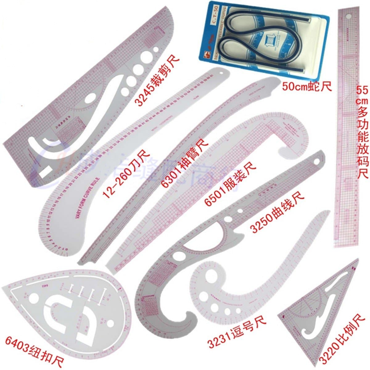 Neutral 10 Style Fashion Ruler Set, Metric Measurements, Modern, Plastic, 22.8 Inches