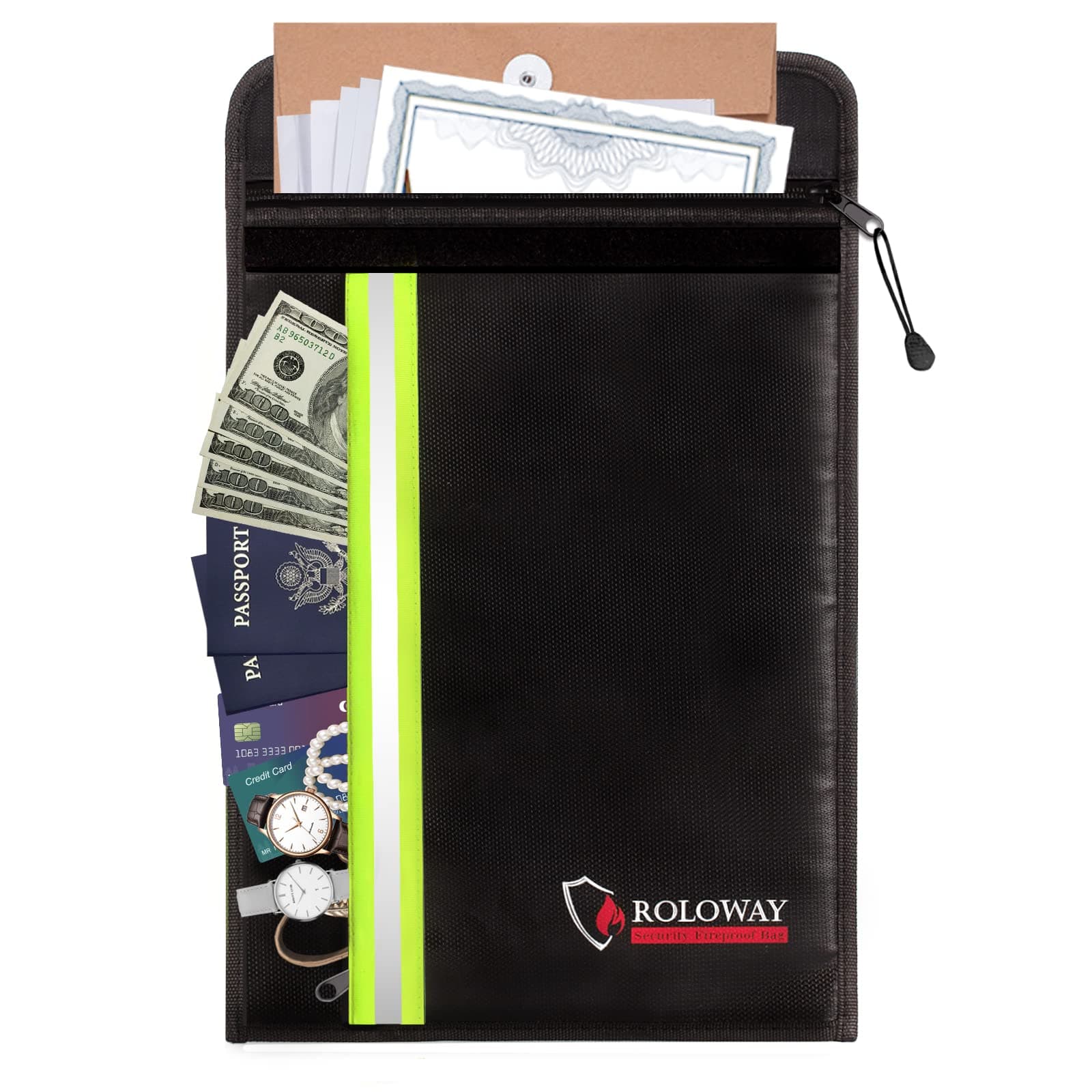 Fireproof Envelope for Cash, Legal Documents Safe (15 x 11 inch) with 2 Pockets & Waterproof Zipper, Black