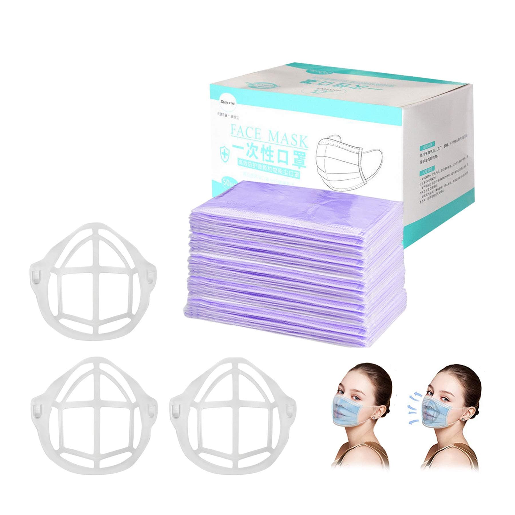 Adults Individually Wrapped Disposable Face Macks - 50 Pack - Soft on Skin - 3 Ply Elastic Earloops Bandanas Daily with Brackets (50, Purple)