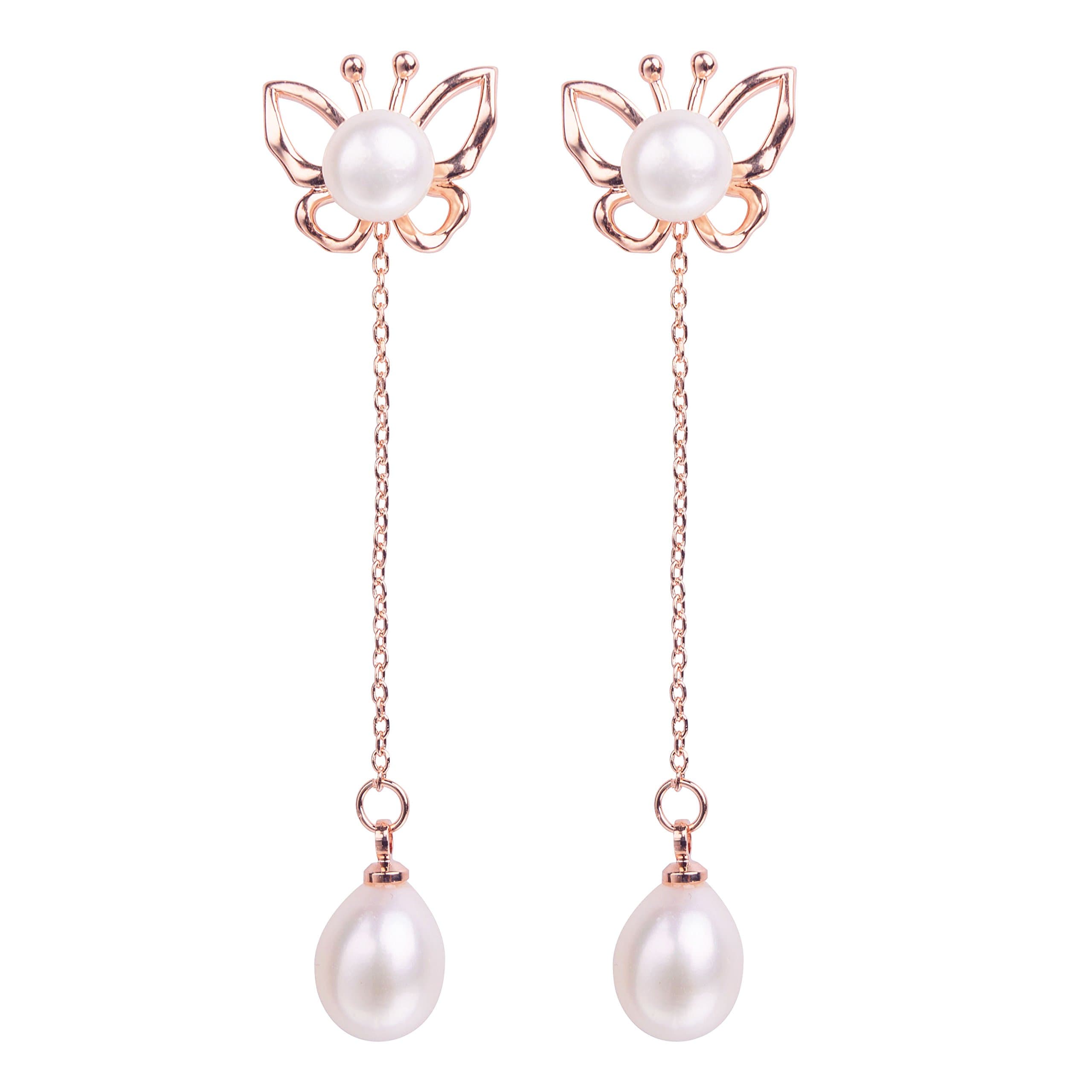 Lustrous - Double White Pearl Drop Earrings with Rose Gold Butterfly (can be worn as butterfly stud earrings, pearl stud earrings, pearl drop earrings)