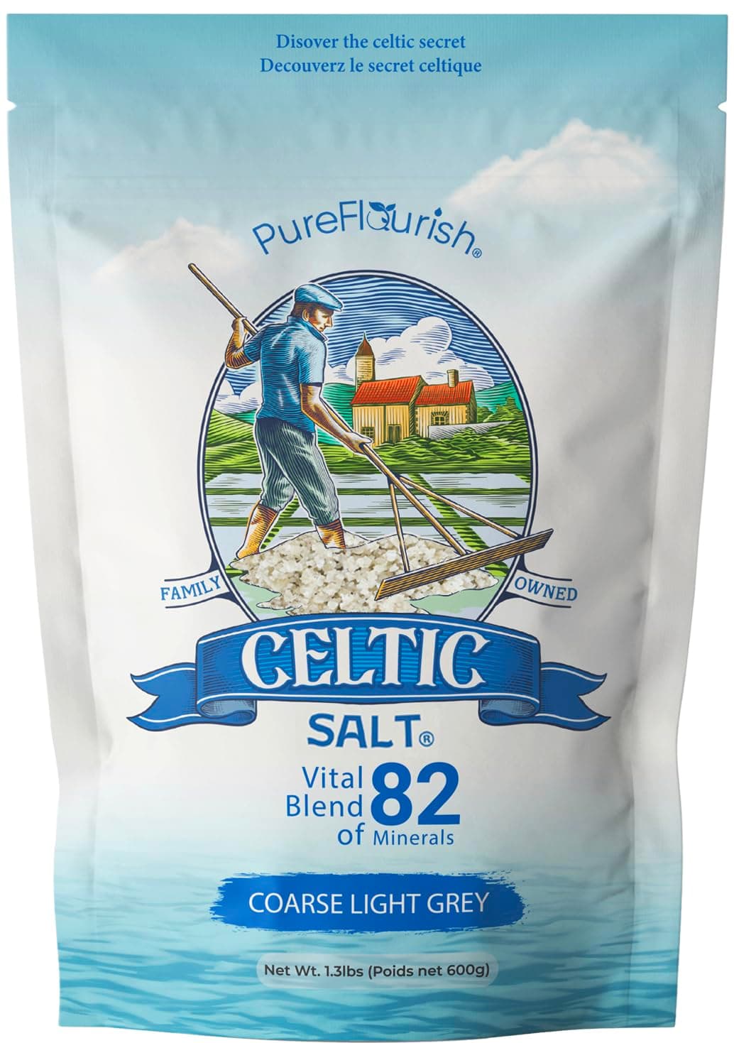 Pure Flourish Celtic Sea Salt - 600g | 100% Unrefined Celtic Salt | Rich in Essential Minerals | Hand Harvested Light Grey Celtic Salt Crystals from France