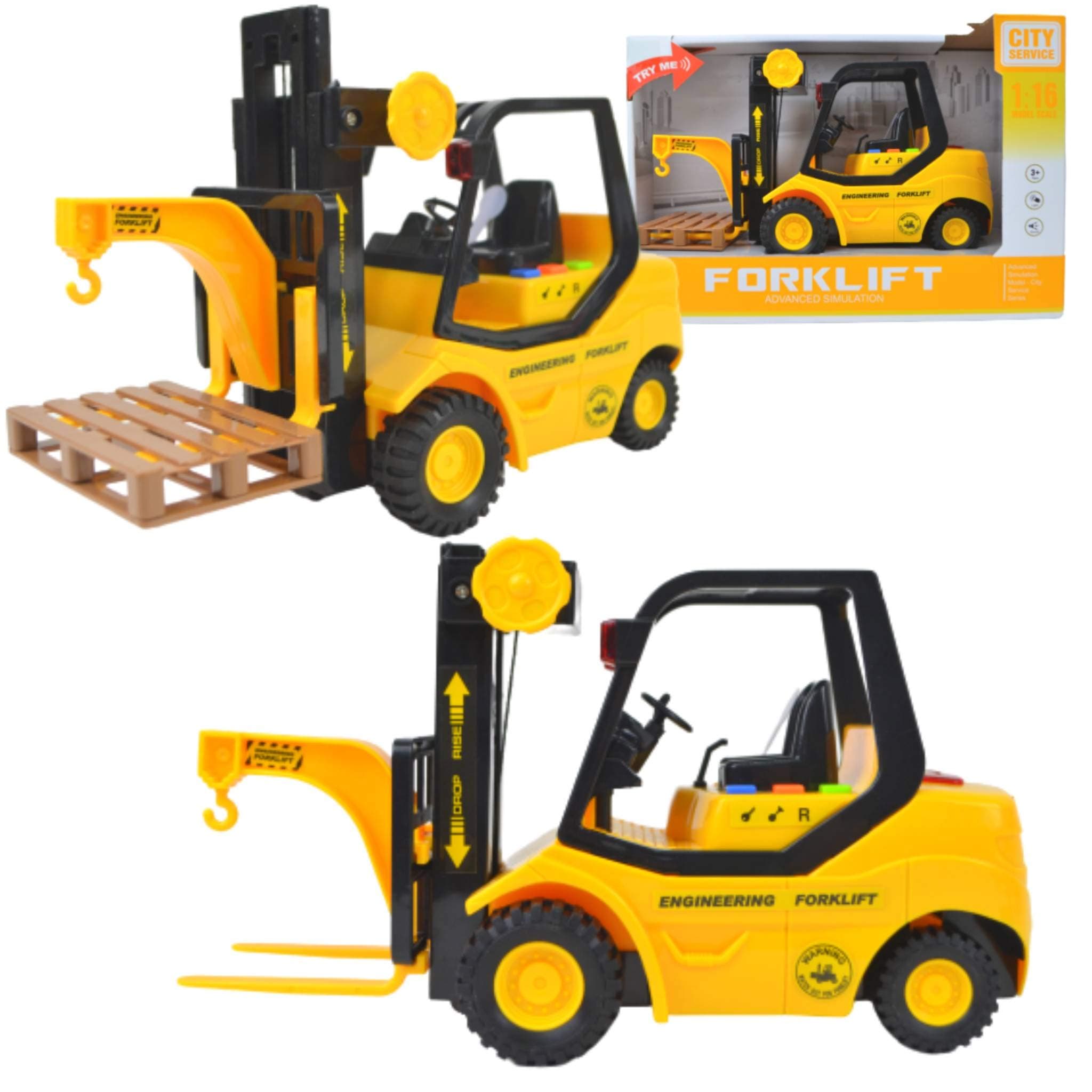 Toy Cars Forklift Friction Drive, Palette, Baby Toy Scale 1/16 Construction Toy with Lights and Sounds Forklift Toy Car Ideal for On the Go, for Boys and Girls from 3 Years