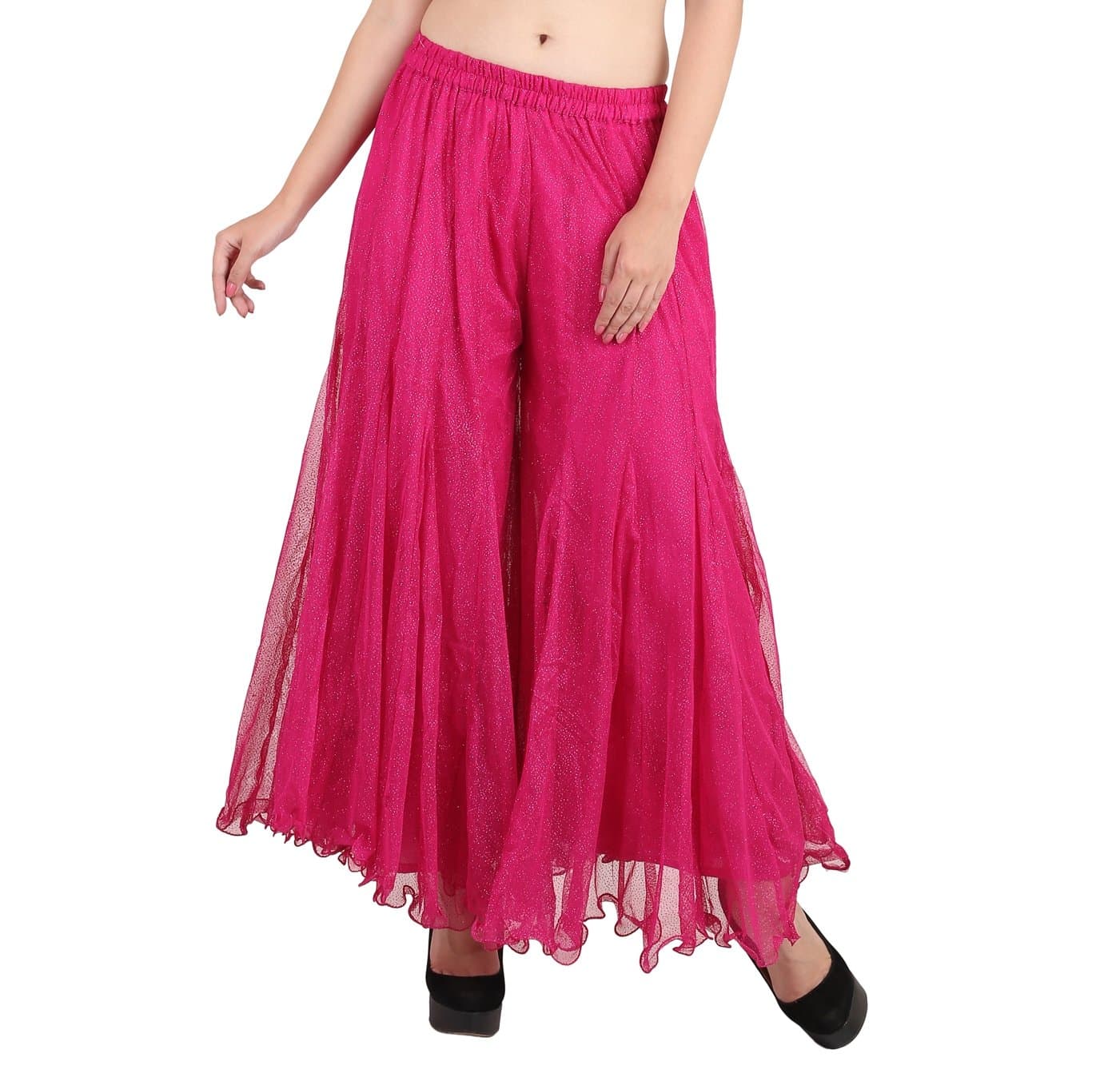 Shararat Women's Palazzo Pants Glitter Net Loose Wide Leg Sharara Trousers