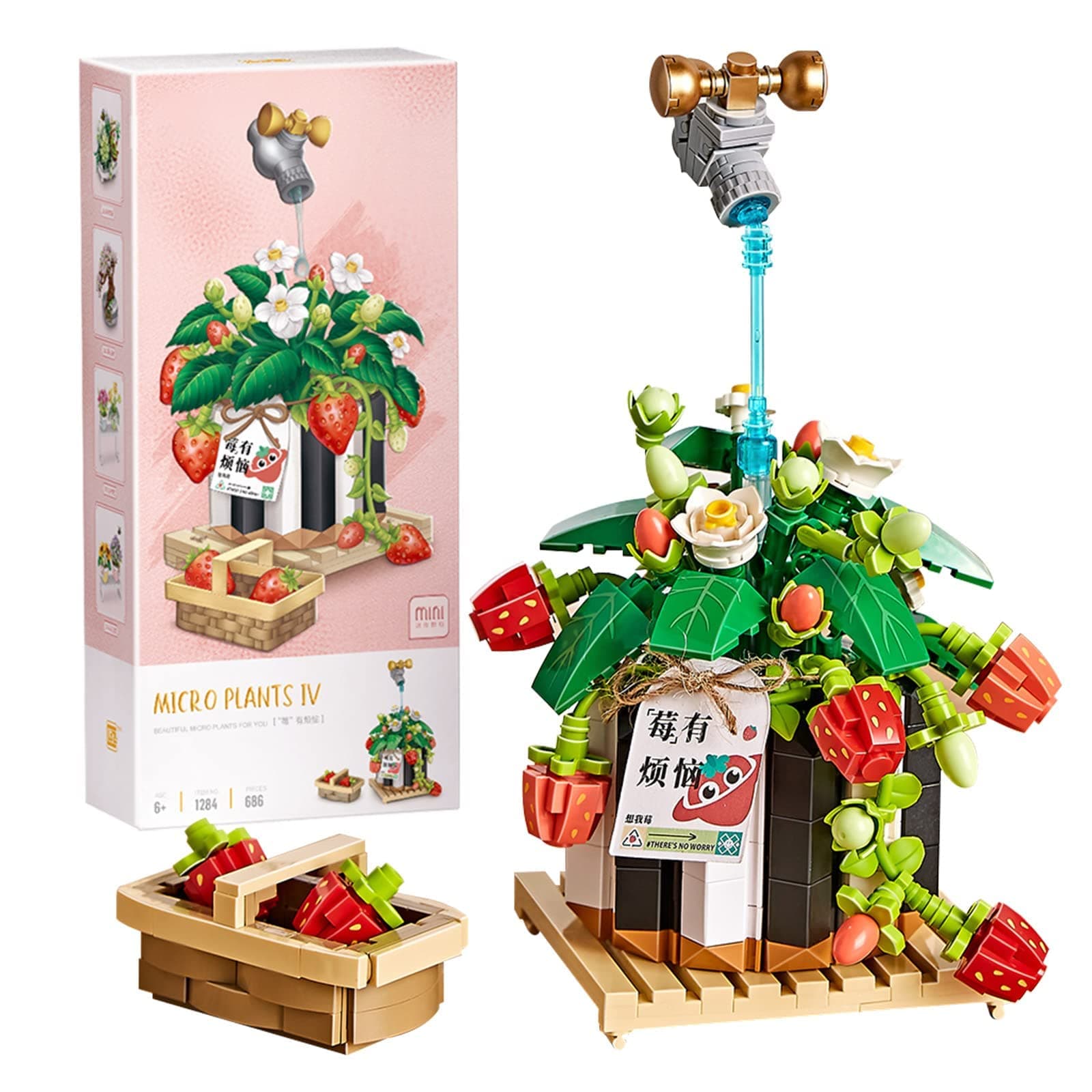 MEIESTMini Building Blocks Bonsai Plant Model Set,Simulation Particle Flower Succulent Botanical Collection Construction Building Bricks Toy,Home Decor,13+(Strawberry)