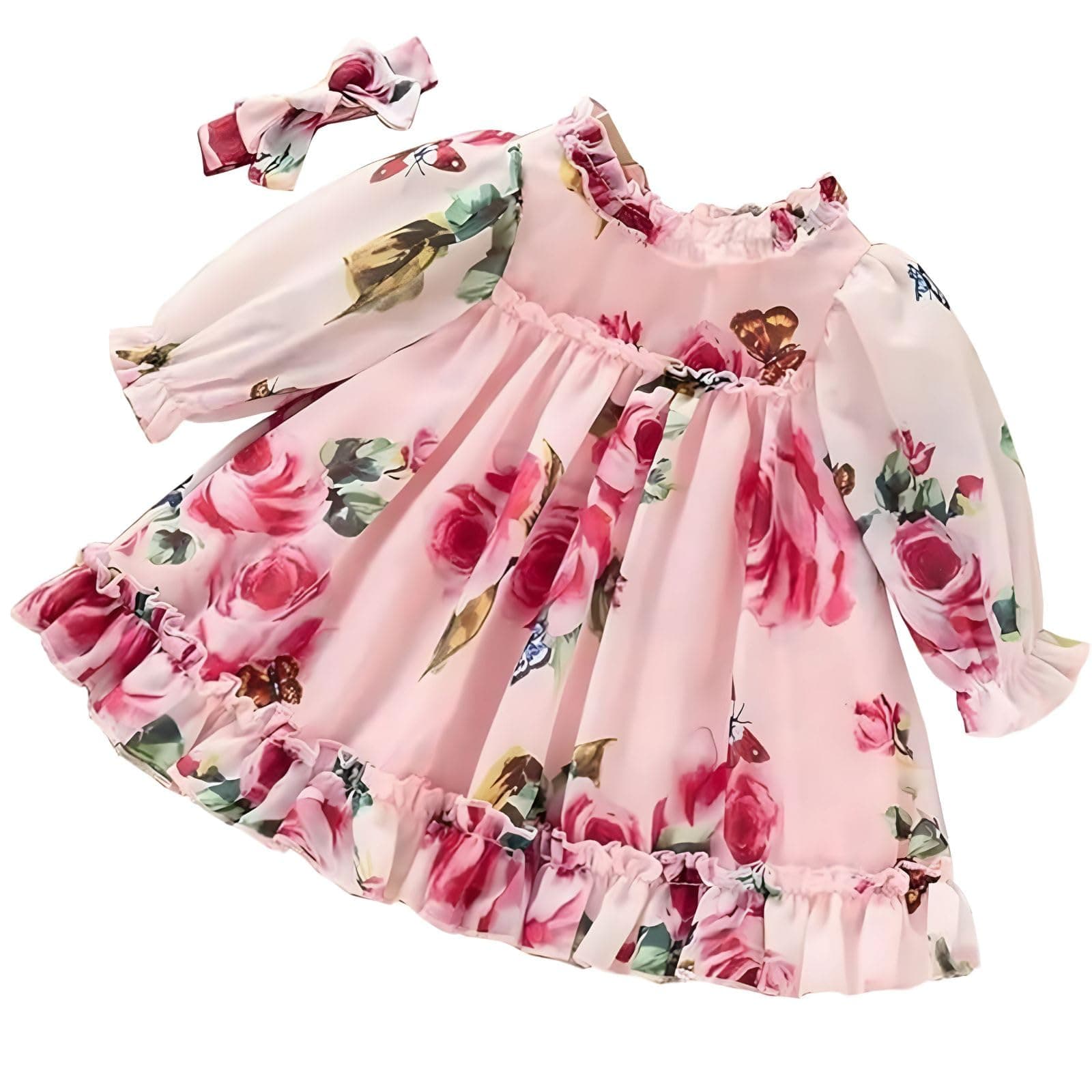 Niren Enterprise Pink Summer Floral Printed Full Sleeve Ruffle Pattern Baby Girl Frock
