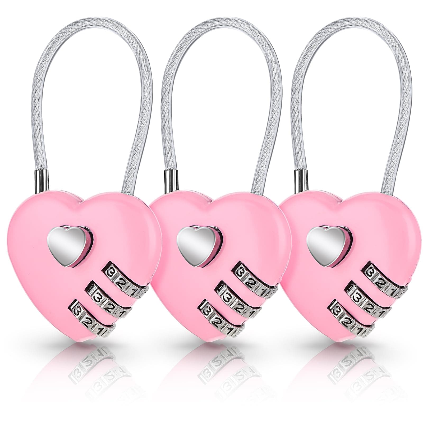 3 Pcs Heart Combination Locks, Pink Suitcase Lock, Cute Locker Code Lock Mini Heart-Shaped Cable Padlock Small Steel Wire Rope Waterproof Locks for Travel Bags Backpacks(Original Code:0-0-0)