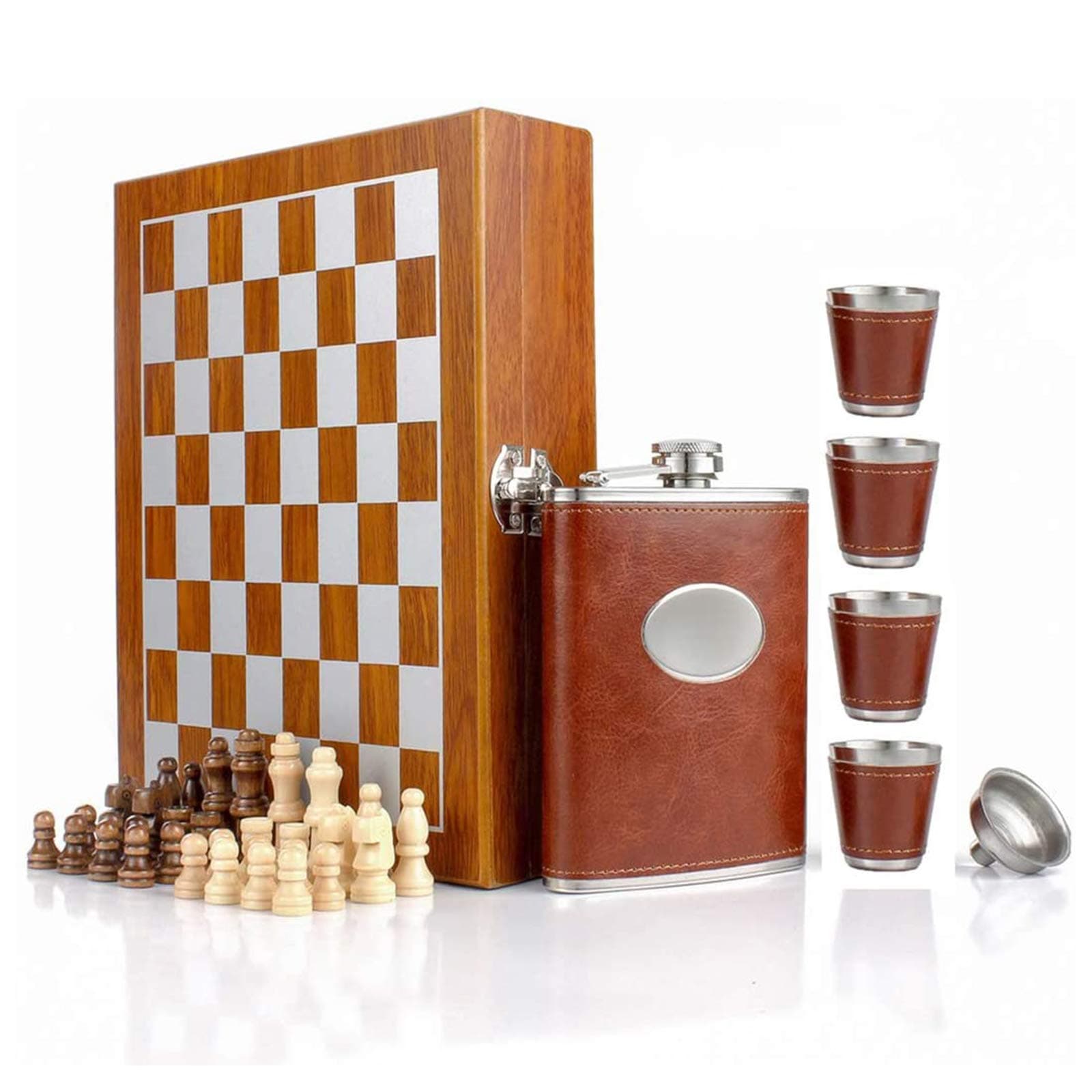 Whiskey Gift Set for Men with Wooden Chess Board and 8oz Leak Proof Stainless Steel Hip Flask Includes 4 Cups Funnel Brown Leather Case Perfect for Bourbon Scotch Fathers Day Travel Gifts