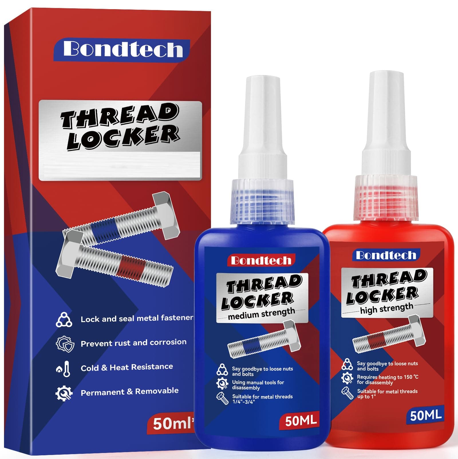 Thread Lock Blue and Red, Threadlocker Medium and High Strength, Thread Locker for Nuts, Bolts, Fasteners and Metals, Against Losening and Leakage (Medium-High-100ml)