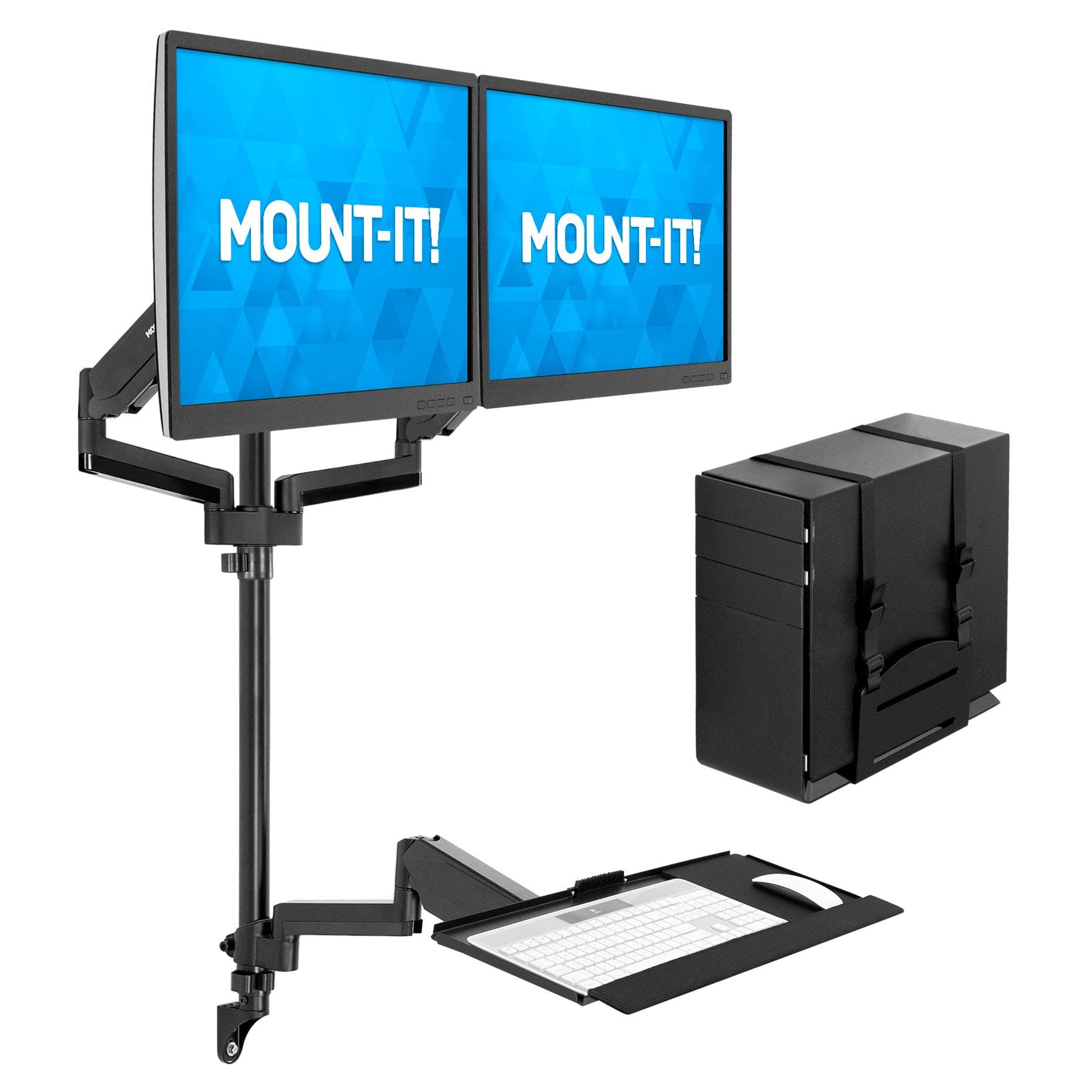 Mount-It! Wall Mounted Workstation Dual Monitor Mount Keyboard Tray with CPU Holder Height Adjustable Full Motion Arm Fits 2 32" Computer Screens