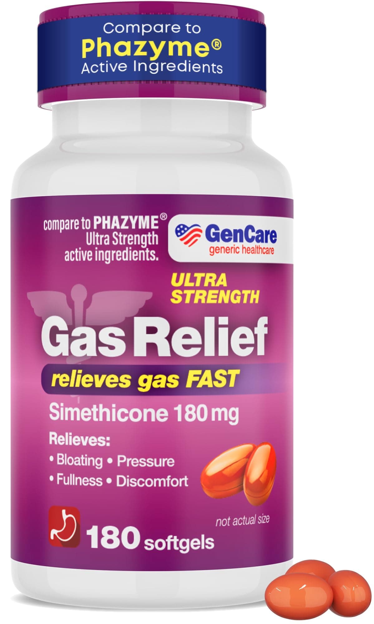 Gencare - Ultra Strength Simethicone Gas Relief 180 Mg (180 Softgels) | Anti Flatulence, Bloating Aid, Stomach Discomfort And Pressure Reliever Pills Relieves Fast Generic Phazym