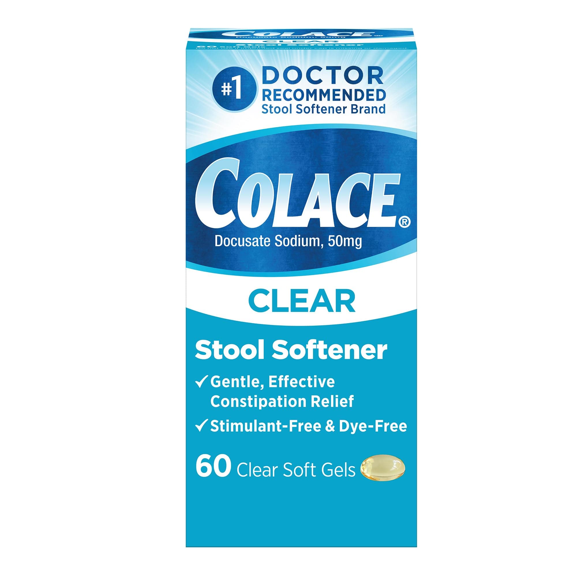 Clear Stool Softener for Gentle Effective Constipation Relief, #1 Doctor Recommended Stool Softener Brand, Dye Free, 50 mg Docusate Capsules, 60 Count