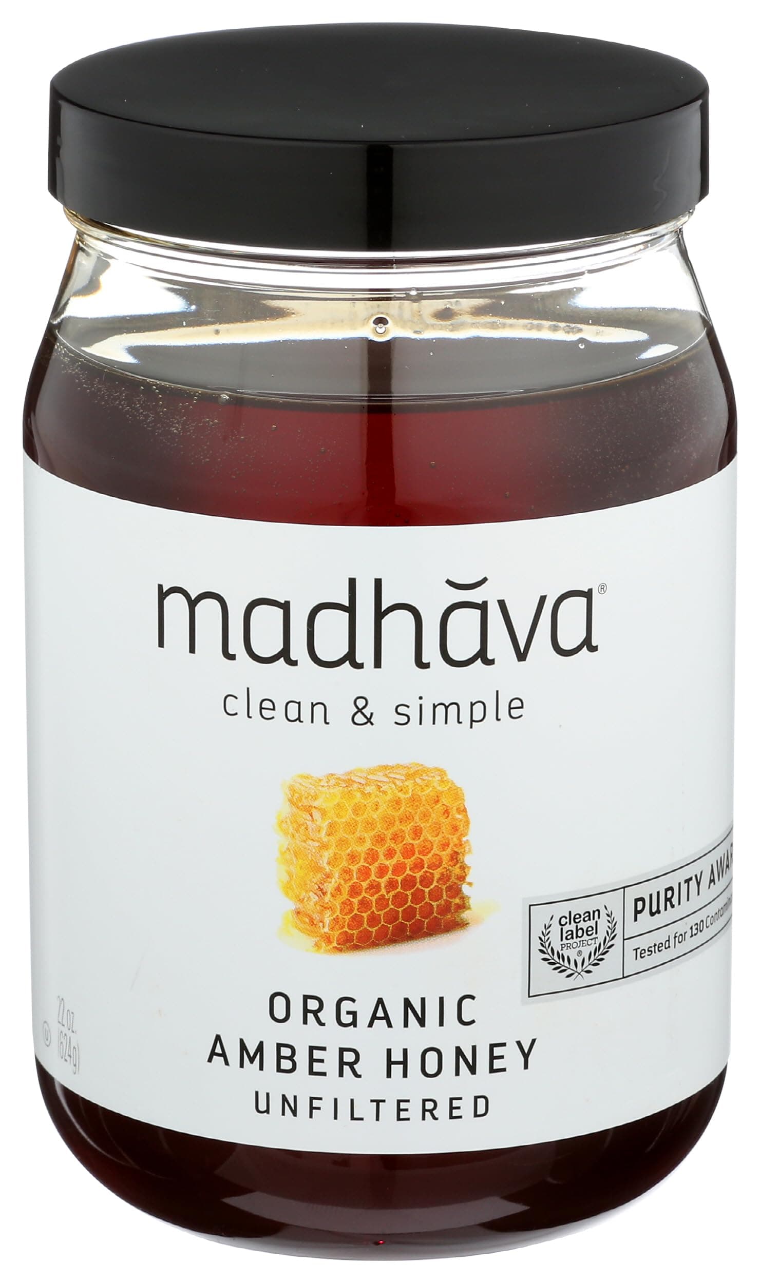 MADHAVA Organic Amber Honey, Unfiltered, 22 oz. Jar (Pack of 1) | Natural Sweetener, Sugar Alternative | 100% Pure Organic Honey | Pure Honey | USDA Organic | Non GMO | Liquid Sweetener