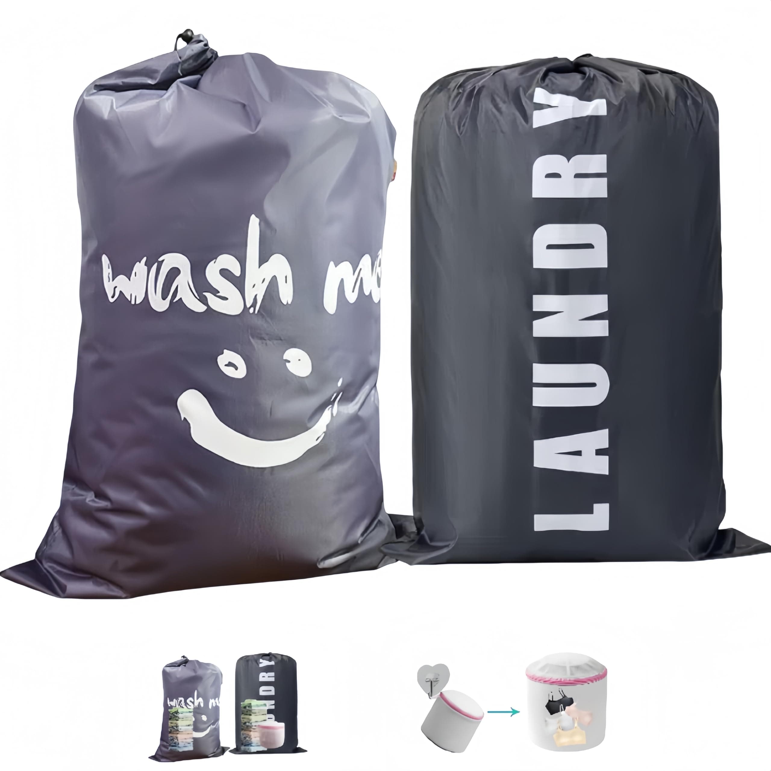 MESTURL Laundry Bags 3Pcs Set:2 Wash Me Laundry Bags and 1 Bra Laundry Bag,Travel Laundry Bags for Machine Washable Travel (Gray)