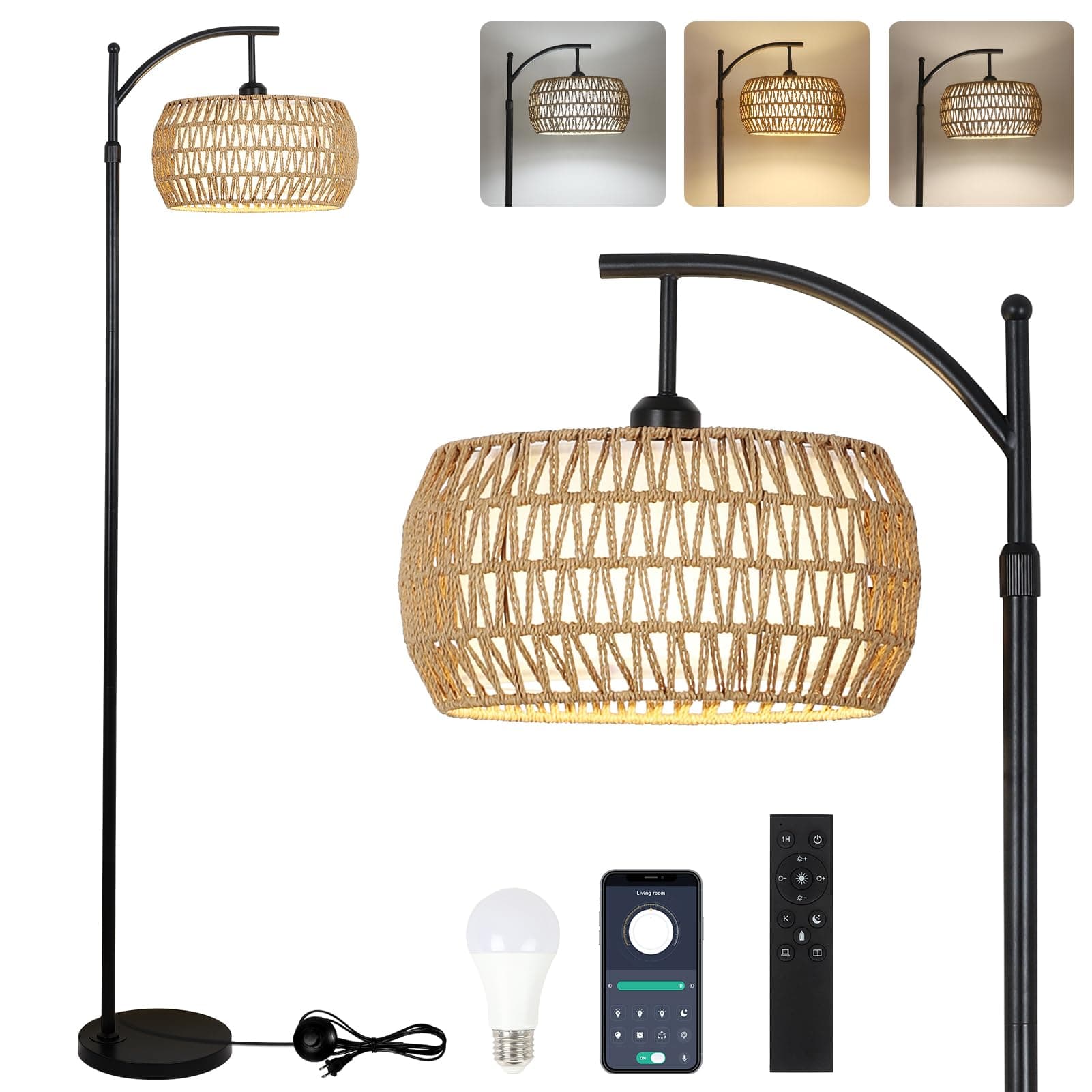 Arc Floor Lamp with Remote Control, Dimmable LED Floor Lamp with 3 Colour Temperature, Black Standing Lamp with Rattan & Fabric Double Drum Shade, Boho Farmhouse Tall Pole Lamp for Living Room Bedroom