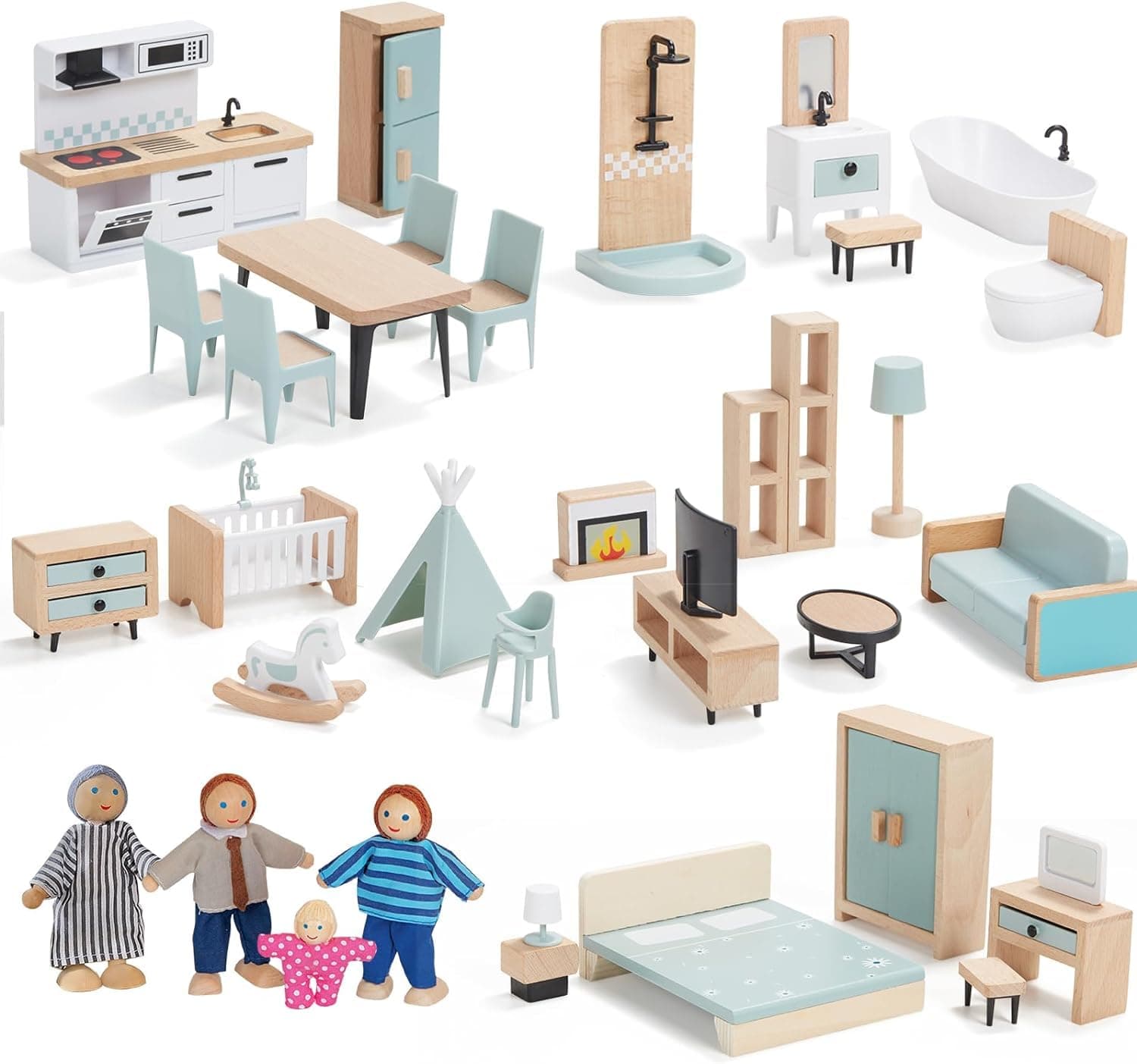 36pcs Wooden Dollhouse Furniture Set with 4 Family Dolls Wood and Plastic, 5 Rooms Blue Dollhouse Accessories Pretend Play Furniture Toys for Boys Girls & Toddlers 3Y+