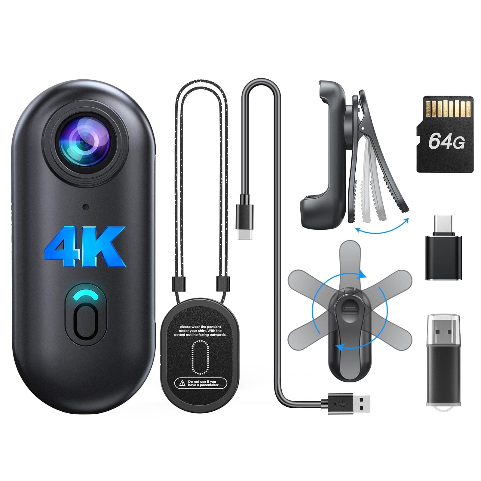 W4 4K Mini Body Camera, Wearable 64GB Camera with 360°Rotatable Clip & Magnetic Clip, 120 Minutes for recording, Easy to Use and Take for Lecture, Traveling, Pet Walking and Outdoors Activities