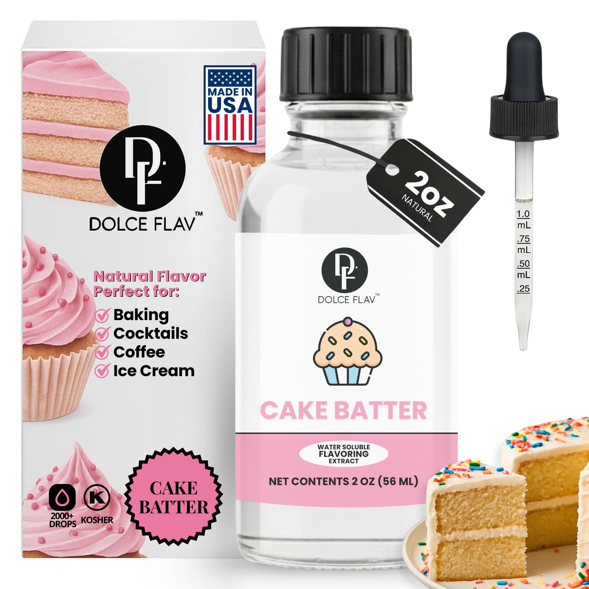 Dolce Flav Natural Cake Batter Extract 2 oz – Kosher, Sugar-Free, Concentrated Birthday Cake Flavor for Frosting, Cupcakes & Ice Cream, Includes Measured Dropper