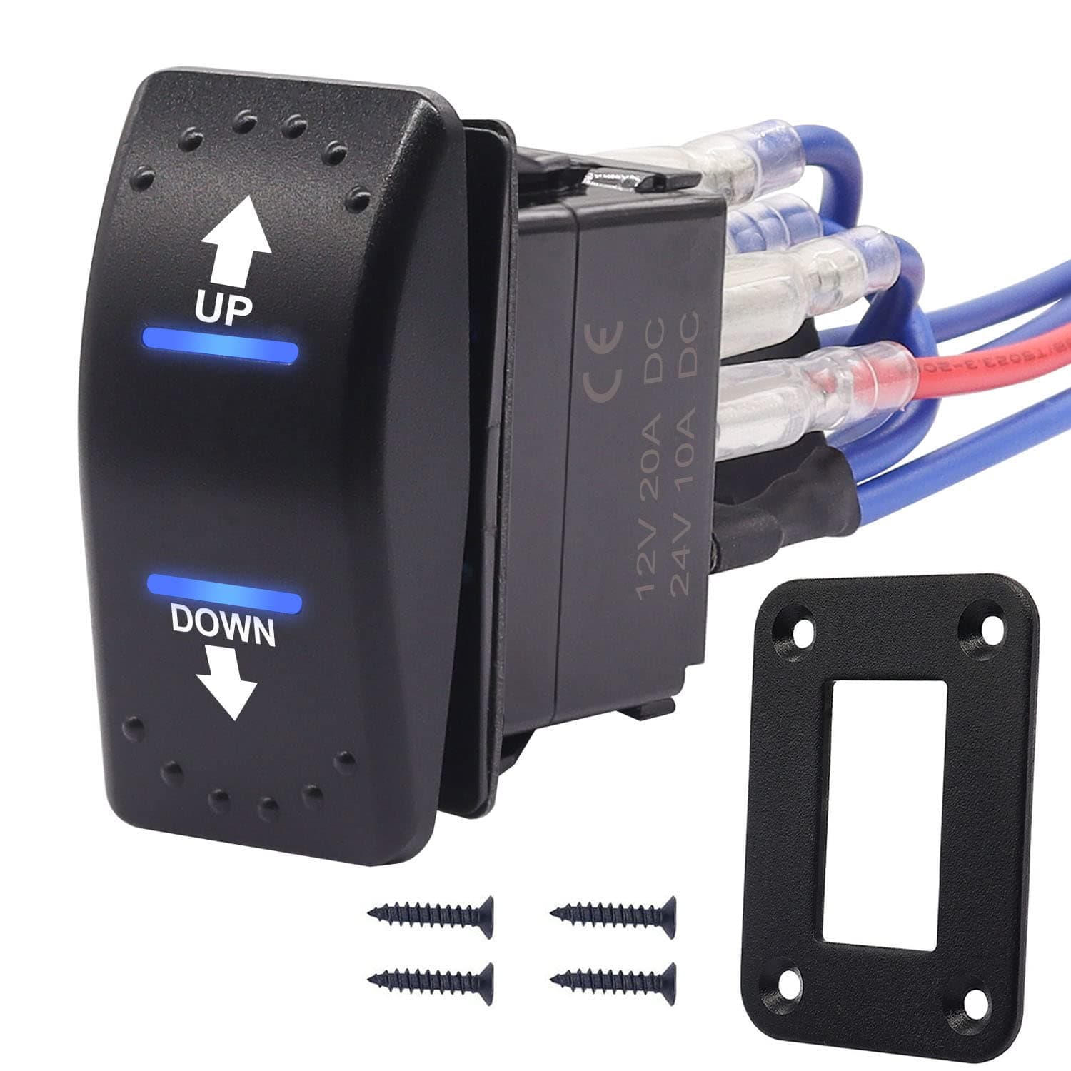 Weideer K-053 20A 12V Polarity Momentary Rocker Switch DC Motor Control 7 Pin Up Down Blue In/Out Switch with Aluminum Plate