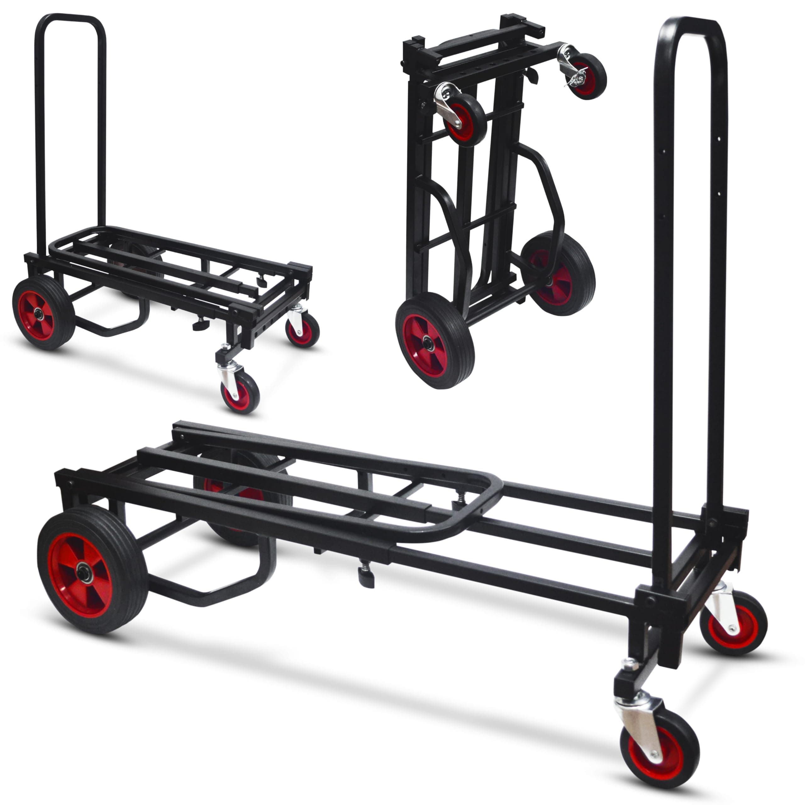 Pyle Compact Folding Adjustable Equipment Dolly - Heavy Duty 8-in-1 Convertible Cart Hand Truck/Dolly/Platform Cart with R-Trac Wheels - Expandable Up to 27.52'' to 44.25'' - 300 LBS MAX LOAD CAPACITY