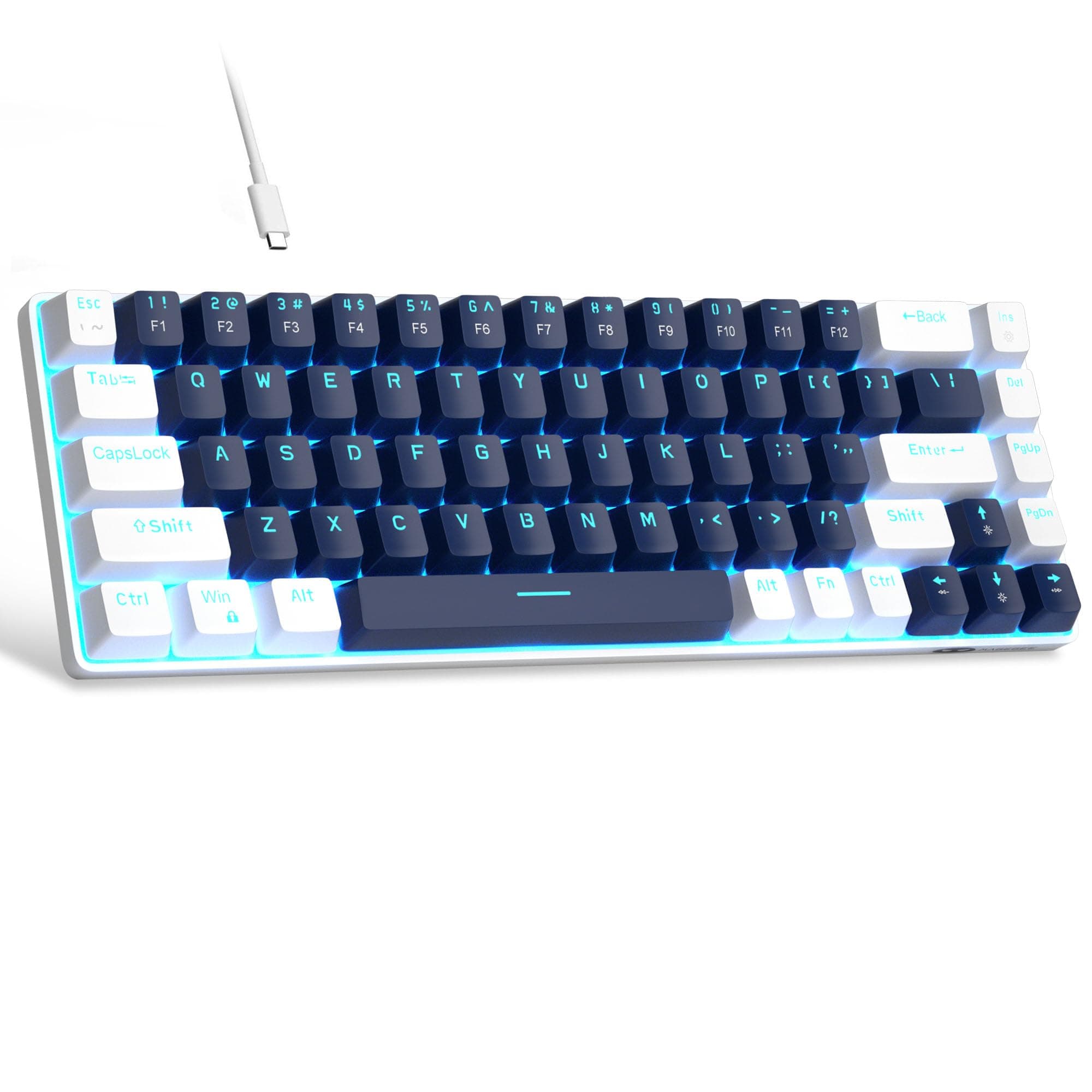 Portable 60% Mechanical Gaming Keyboard, MK-Box LED Backlit Compact 68 Keys Mini Wired Office Keyboard with Blue Switch for Windows Laptop PC Mac - Blue/White