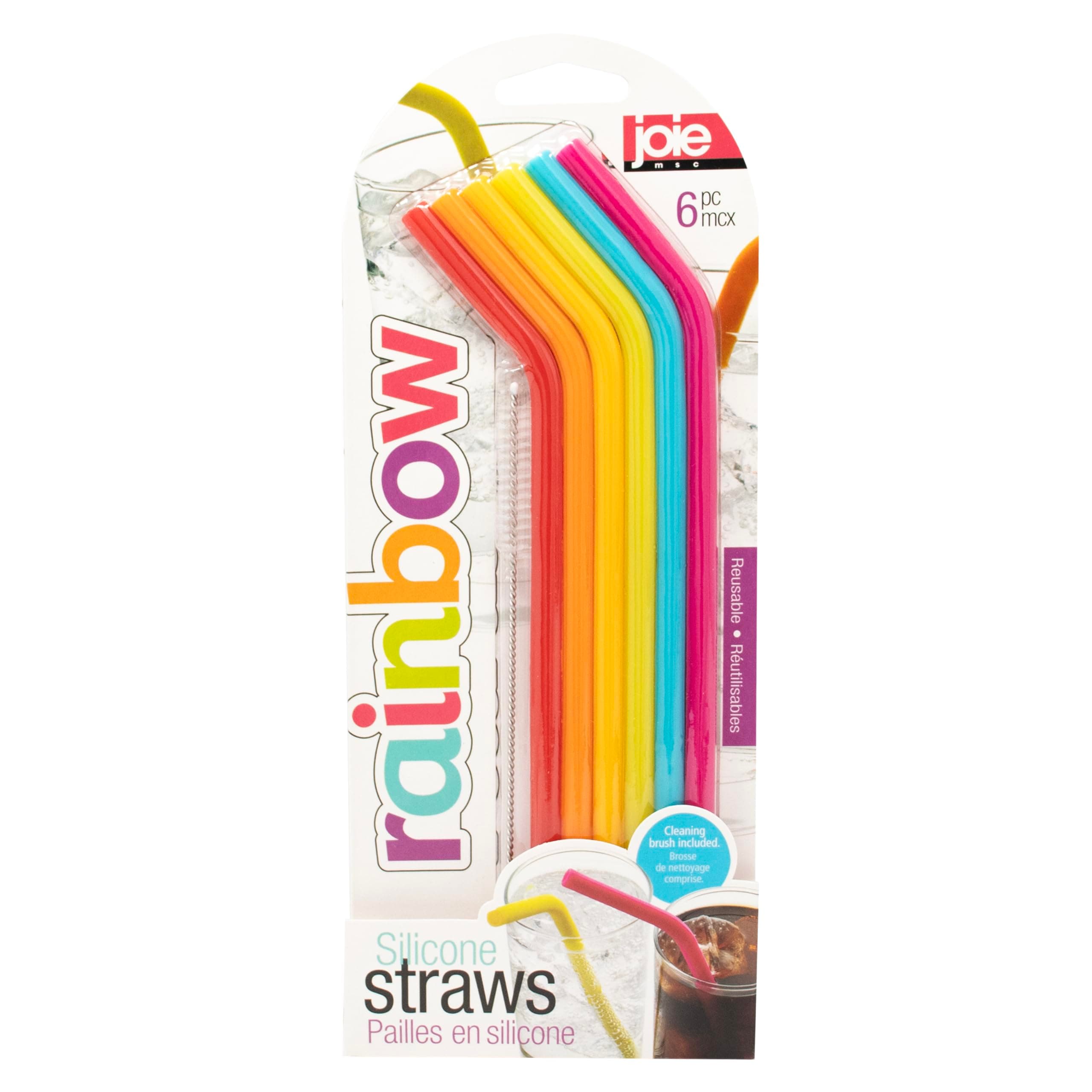 Kitchen Gadgets 12711 Joie Rainbow Reusable Silicone Straws with Cleaning Brush, Set of 6, Colors May Vary