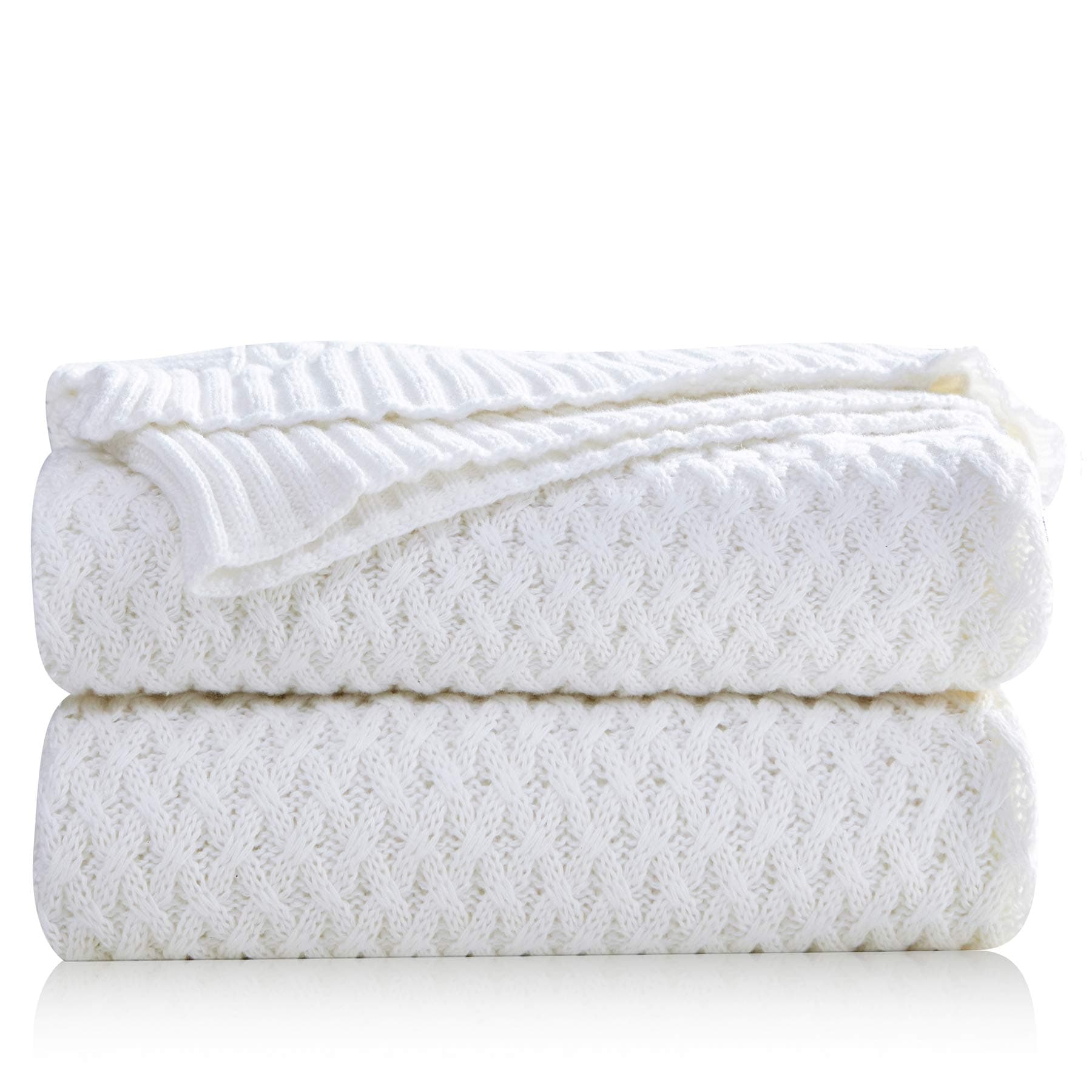 Pumpkin Town White 100% Cotton Cable Knit Winter Christmas Throw Blanket for Soft Sofa, Chair, Couch, Picnic, Camping, Beach, Home Decorative Knitted Blanket, 50"x 60"