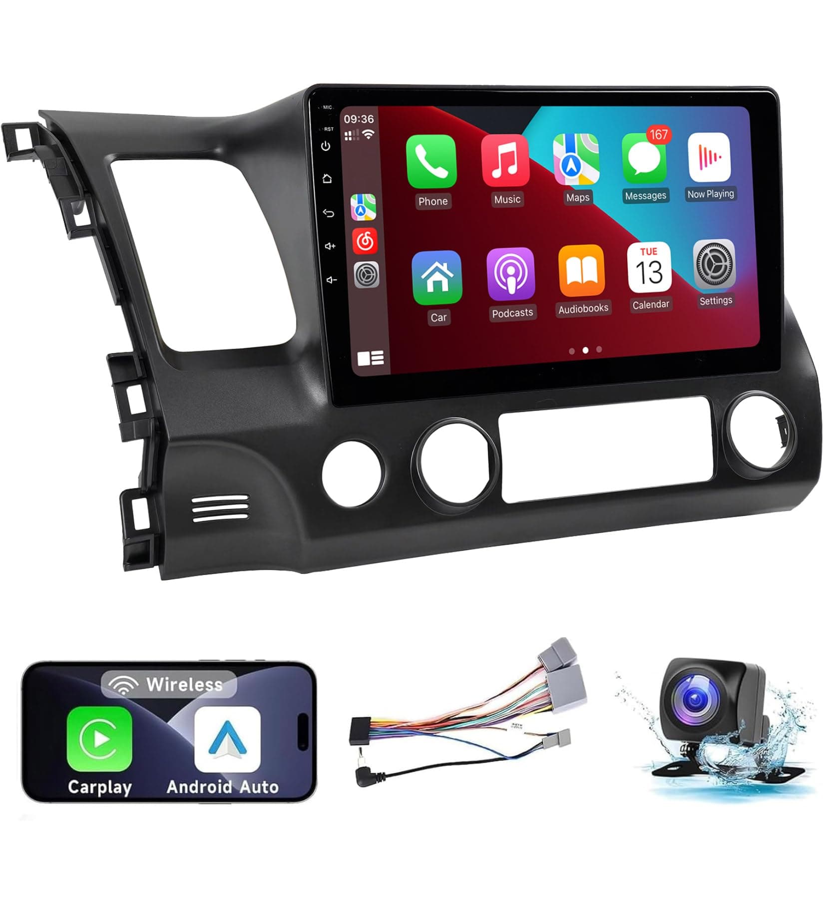 Leadfan Car Stereo Radio Support Wireless CarPlay & Android Auto for Honda Civic 2006 2007 2008 2009 2010 2011, 10.1 Inch Touch Screen Bluetooth Car Stereo with GPS Navigation WiFi Backup Camera