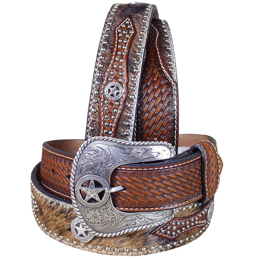 M & F Western Men's Studded Hair-On-Hide Basketweave Overlay Belt Tan 42