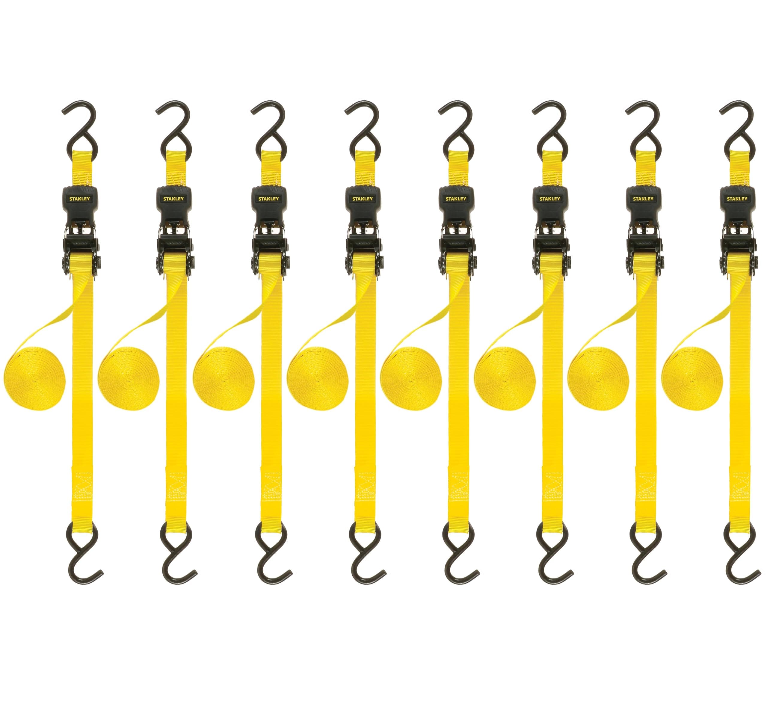STANLEY S1000 Black/Yellow 1" x 10' Ratchet Tie Down Straps - 500 lb Safe Working Load / 1,500 lbs Break Strength, 8 Pack