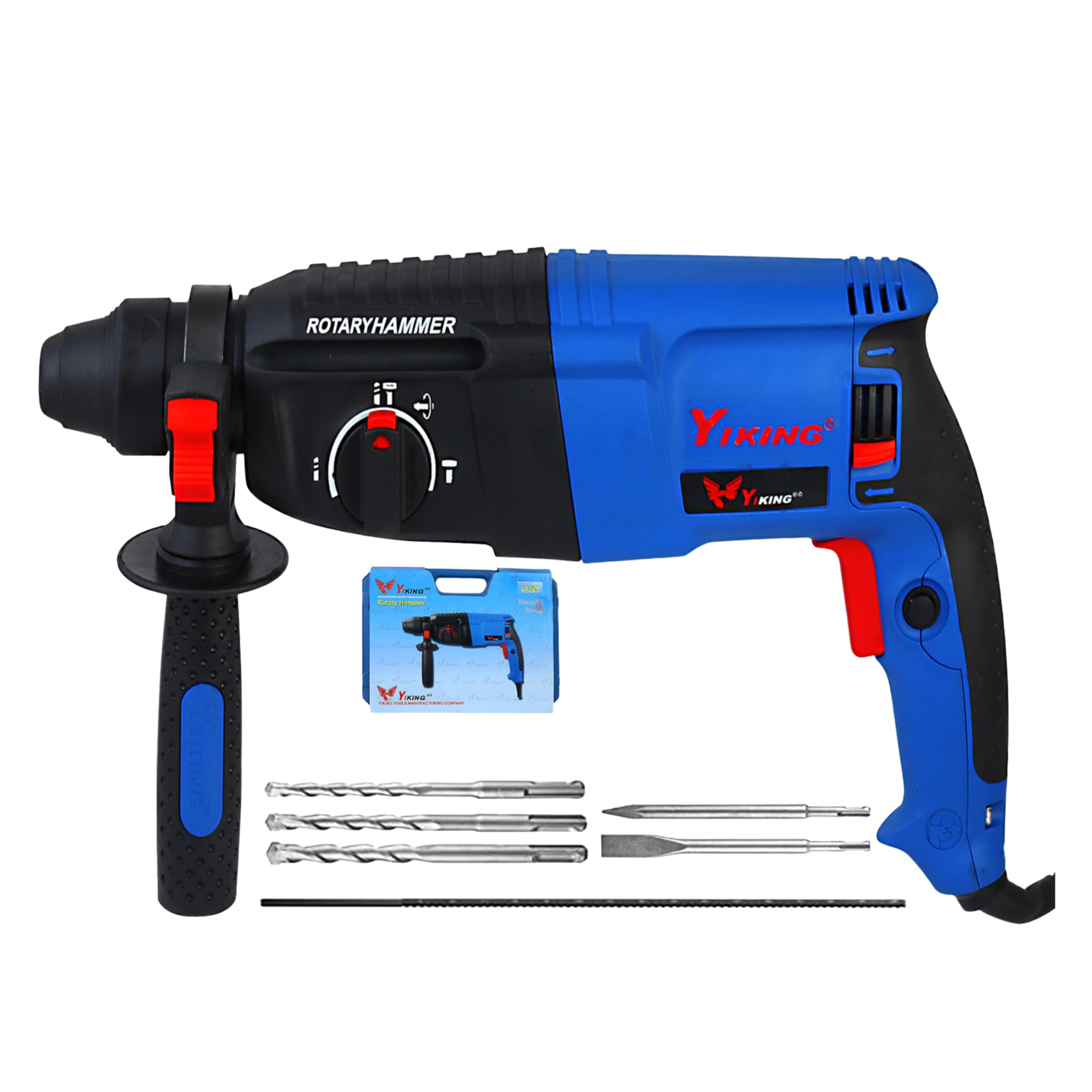 KHADIJA YIKING 1200WATTS 26mm Reversible Rotary Hammer Drill SDS Plus with 3 Modes 3 Hammers Bits 2 Chisels (BLUE)