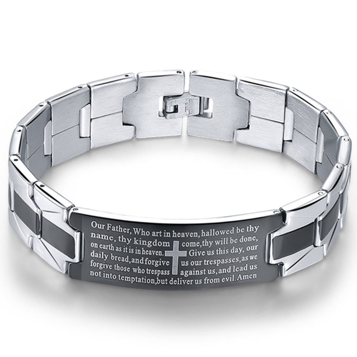 Bestdays Men's Vintage Stainless Steel Black Cross Silver English Bible Lords Prayer Religious Link Wrist Bracelet (cross middle, black silver, 7.9 inch)