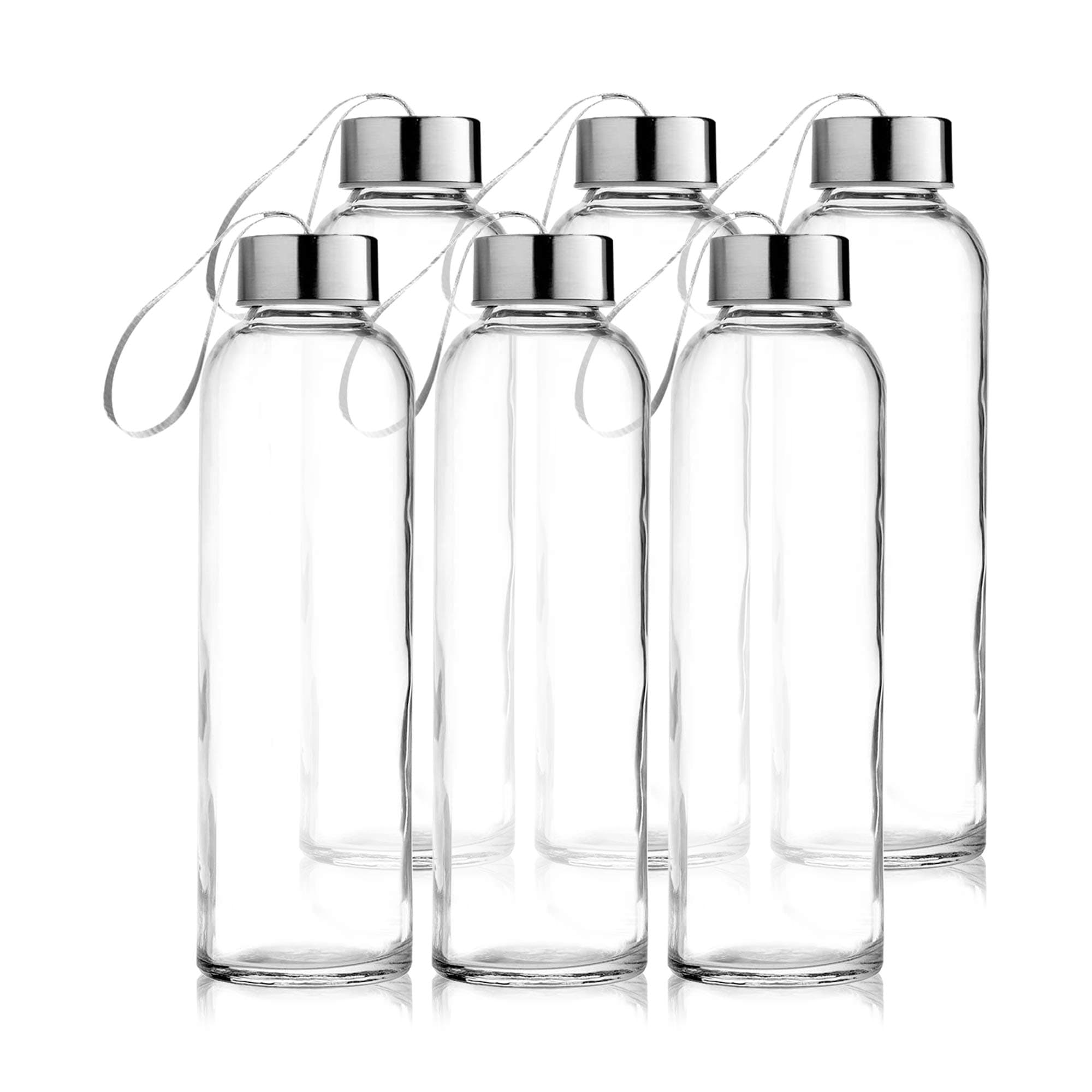 Seacoast - 18 OZ. Glass Bottles, 18/10 Stainless Steel Cap with Easy to Carry Loop (6 Pack, 4 Pack, 2 Pack Available) (6)