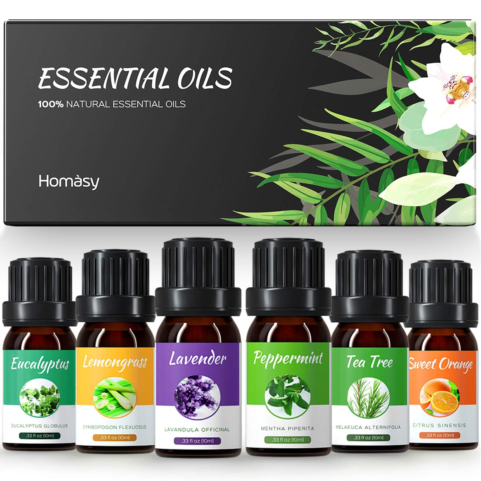 Homasy Essential Oils Set, Top 6x10mL Essential Oils Gift Set, Aromatherapy Essential Oil for Diffuser, Humidifier, Skin Use, Hair Care, DIY, etc