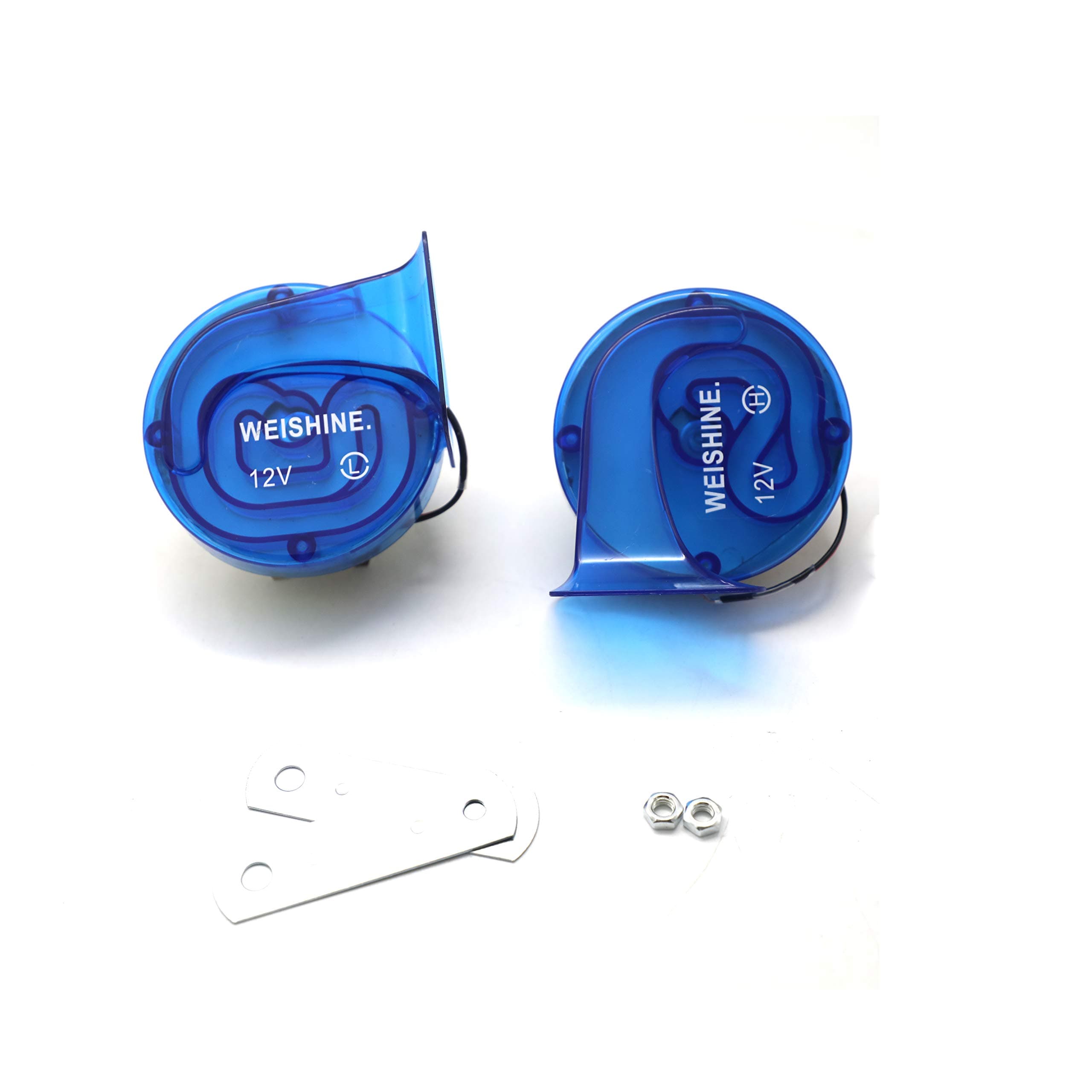weishine 2 Pcs Car LED cycle light Horn transparent blue Universal 12v Loud Dual-tone Snail Electric Horn 120db for Car Truck Motorcycle