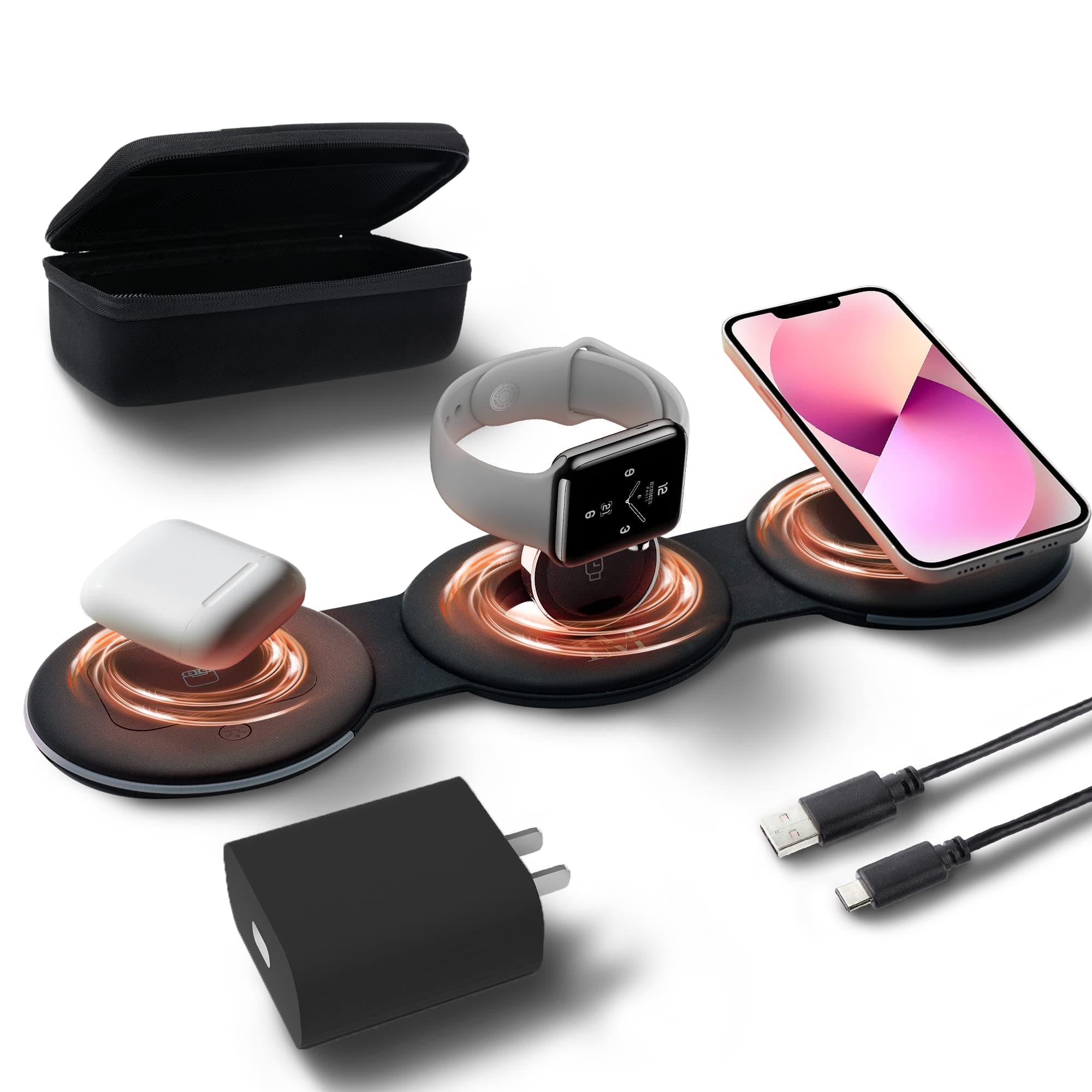 3-in-1 Foldable Wireless Charger, Fast Charging for Multiple Devices, Compatible with MagSafe, iPhone 14/13/12/11/Pro/Max/Xs/Xr/8, AirPods 3/2/Pro, and AppleWatch (Adapter Included)