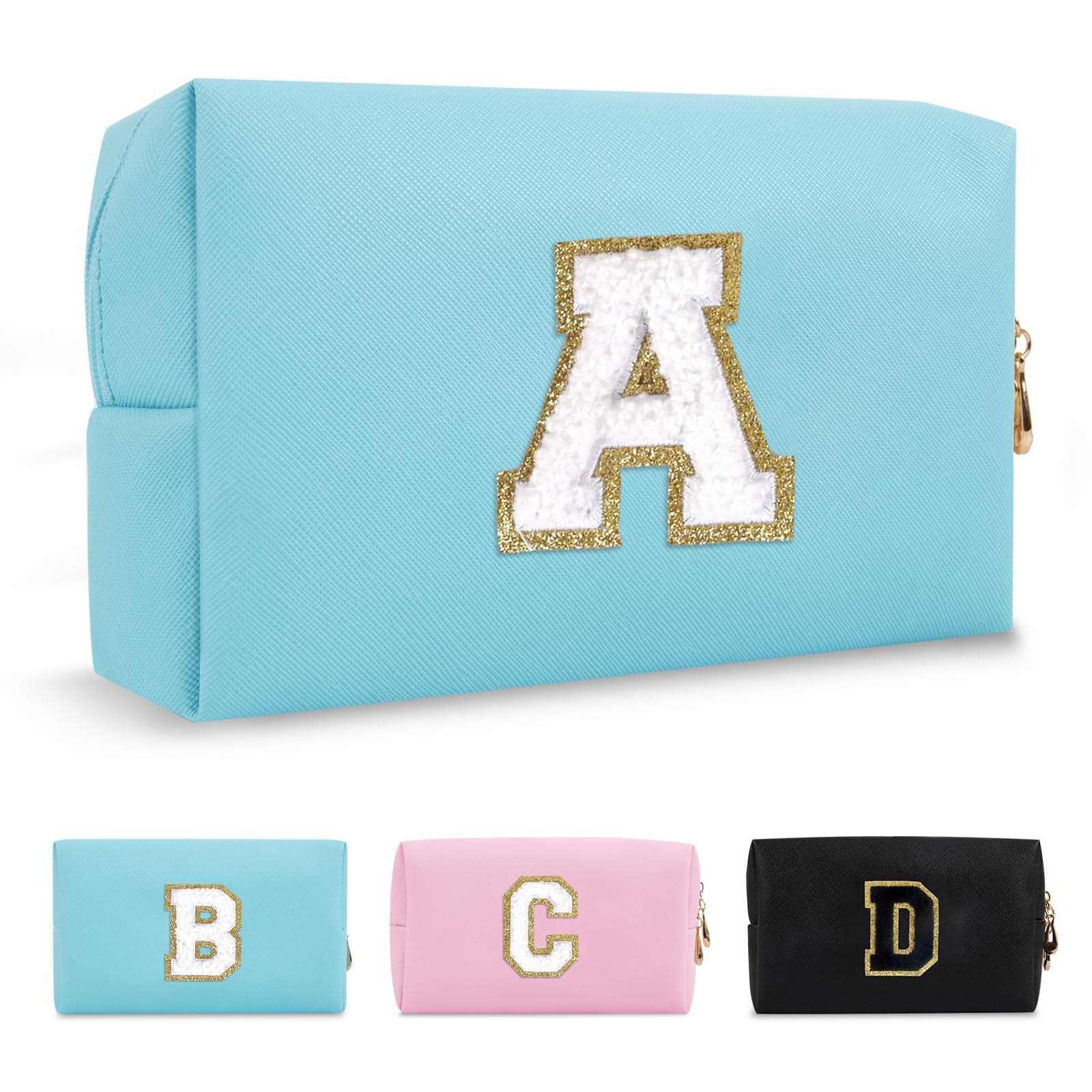 Small Personalized Initial A-Z Preppy Patch Makeup Bag,PU Chenille Letter Travel Cosmetic Pouch with Zipper,Blue Cute Toiletry Bag,Gift Ideal for Teen Girls Women Teacher Bridesmaid,Letter A