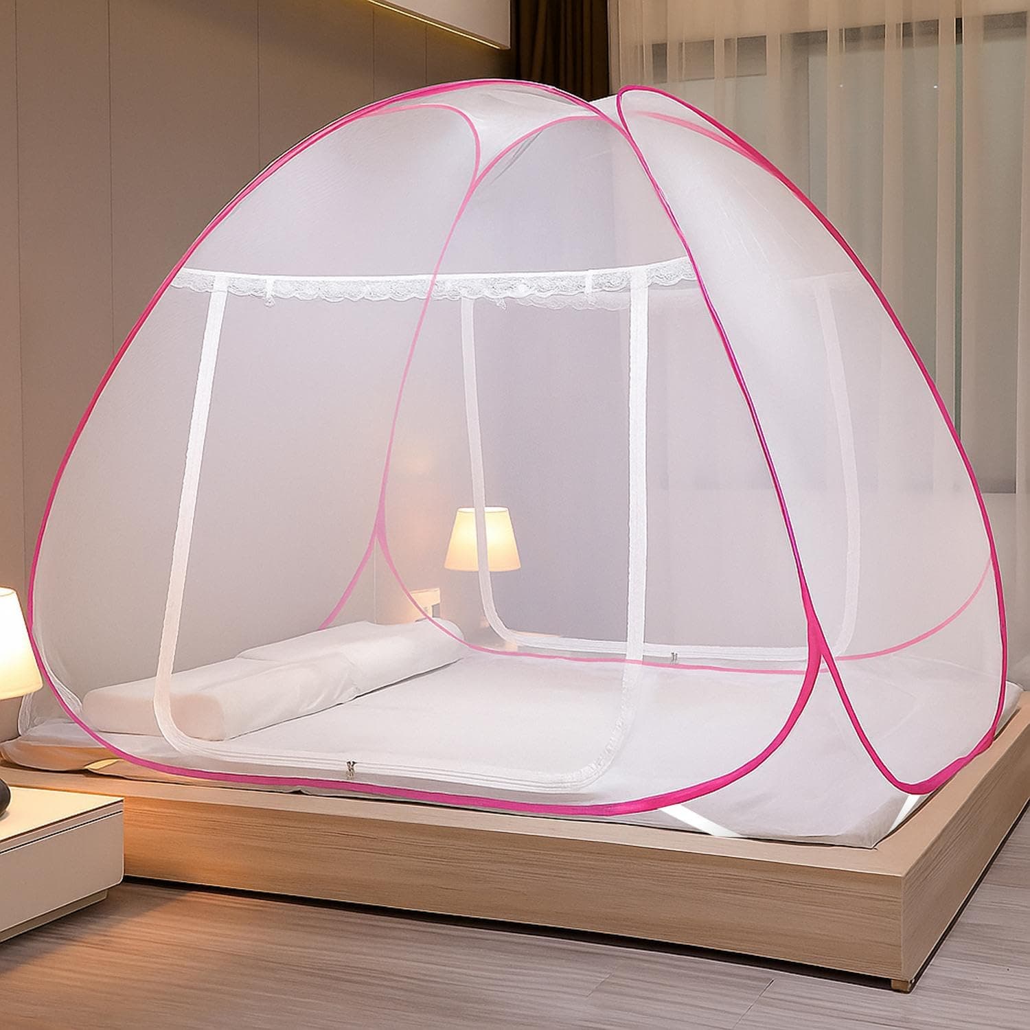 Evafly Mosquito Net for Double Bed | King Size Foldable Machardani | Polyester 30GSM Strong Net |PVC Coated Corrosion Resistant Steel Wire - Pink